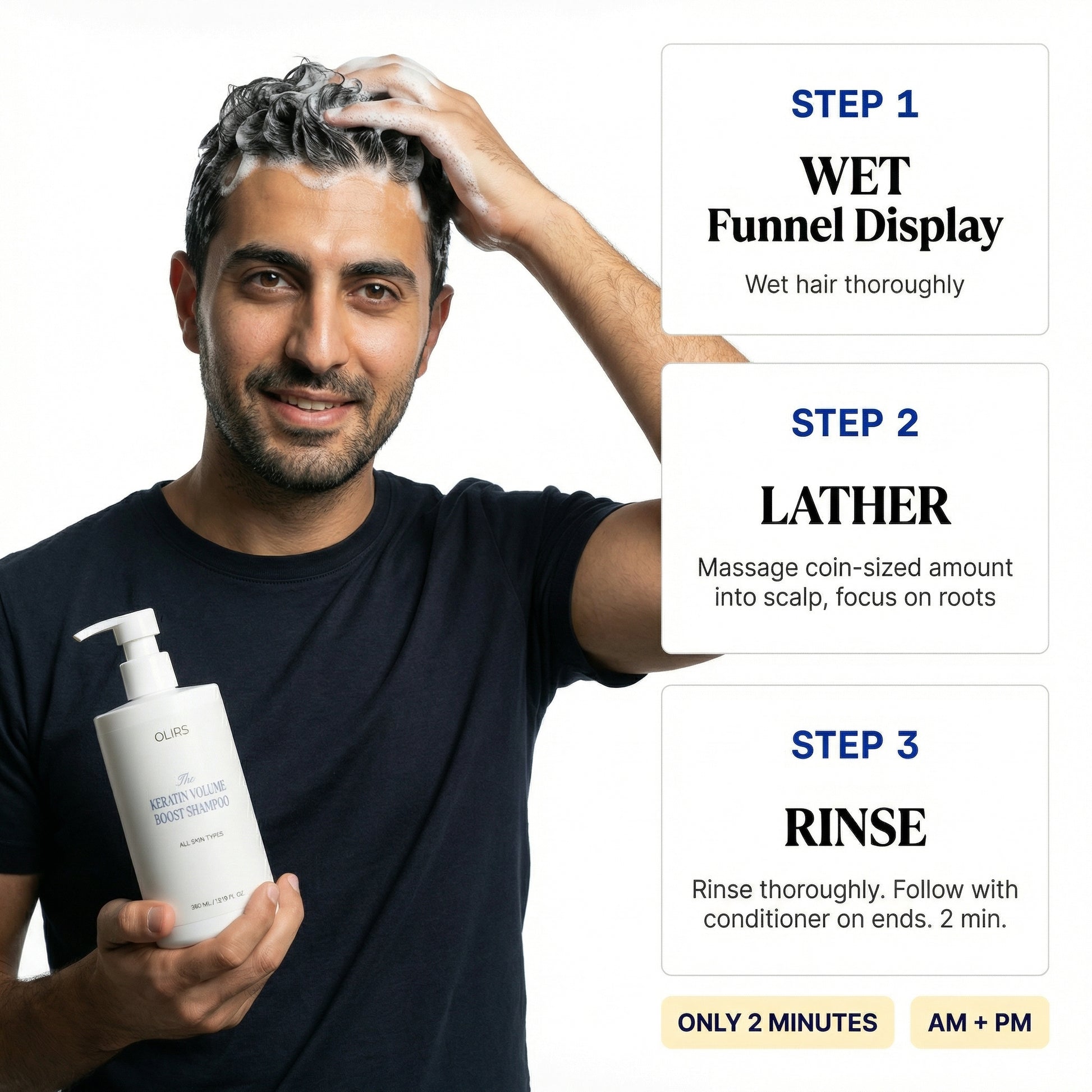 Man using Max Volume Boost Shampoo, demonstrating steps for wetting, lathering, and rinsing hair for fuller-looking results.