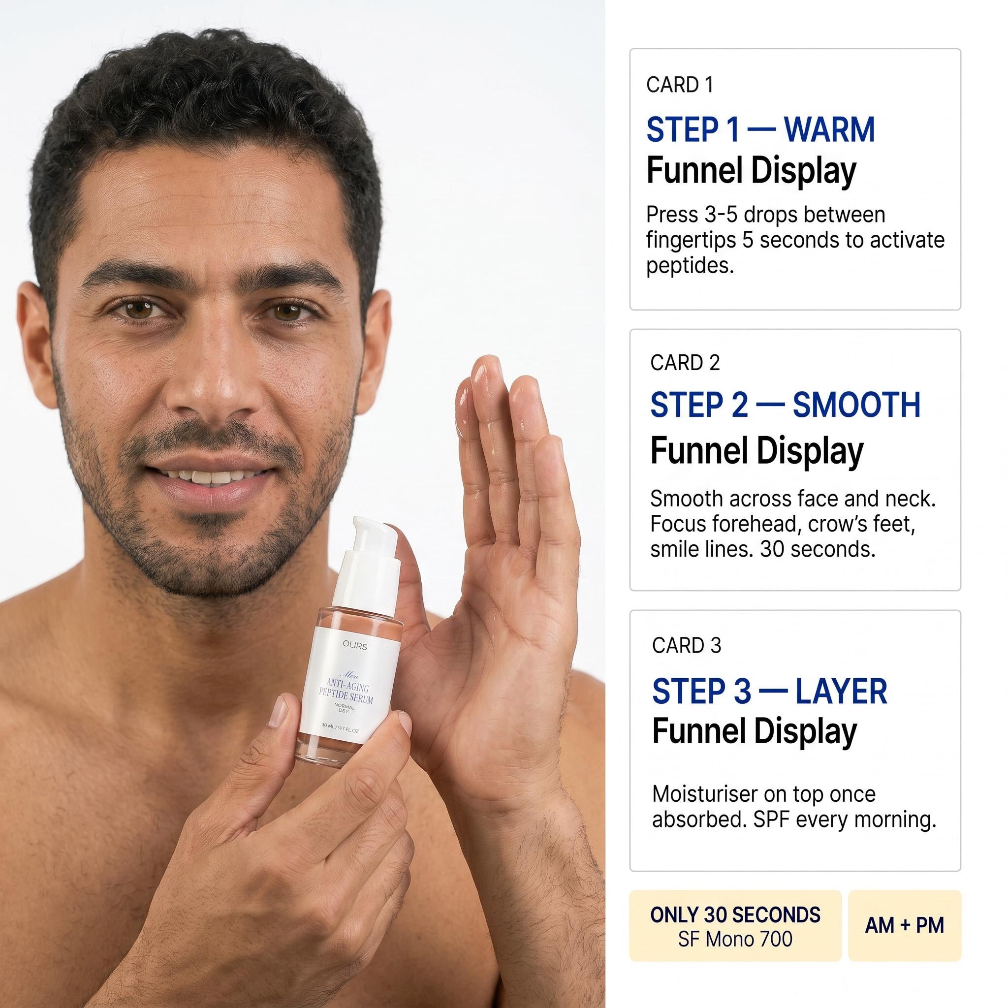 Peptide Firm-Look Serum application guide showing steps for smoother, hydrated skin using a daily peptide serum.