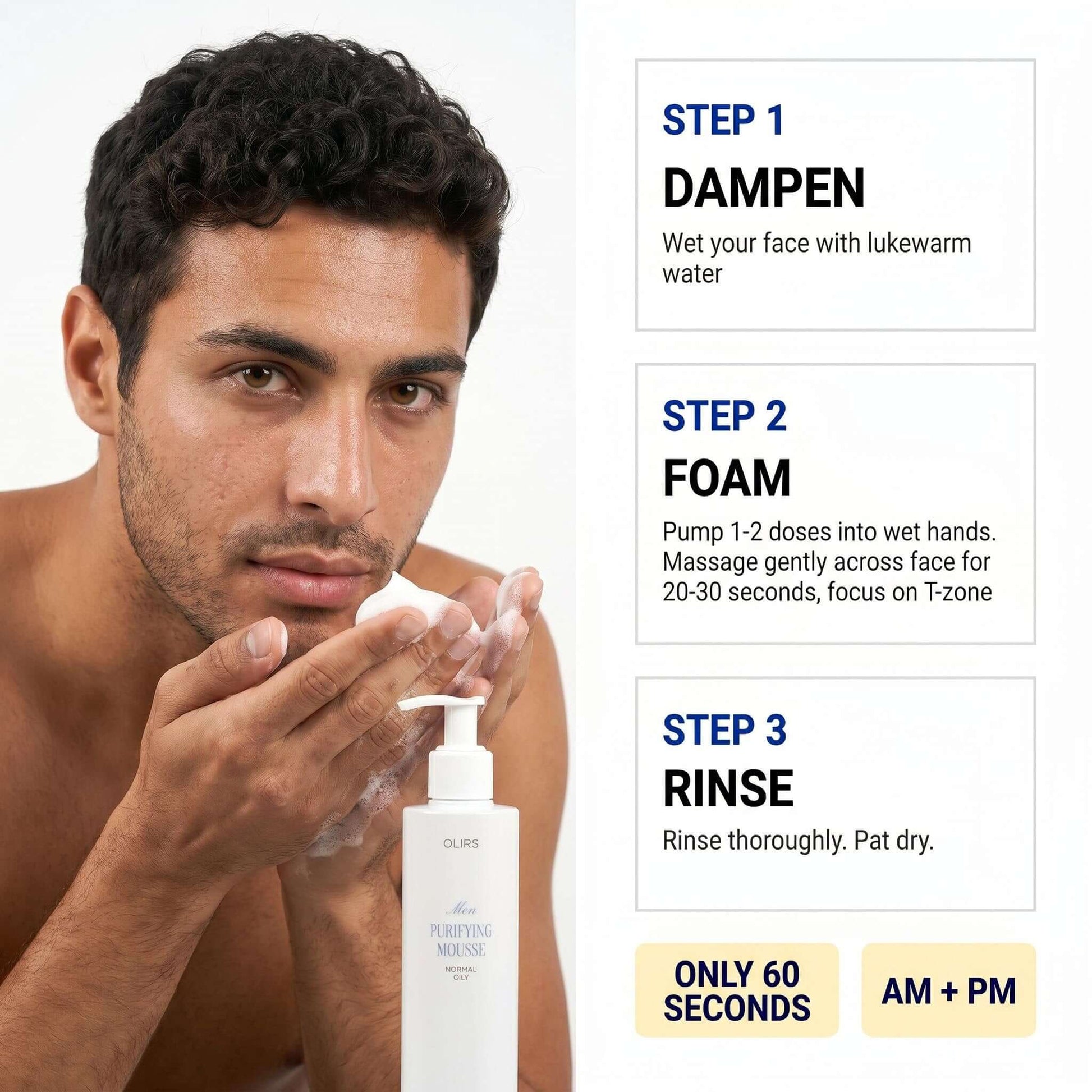 Daily Foaming Face Mousse application steps showing cleansing foam on hands and product details.