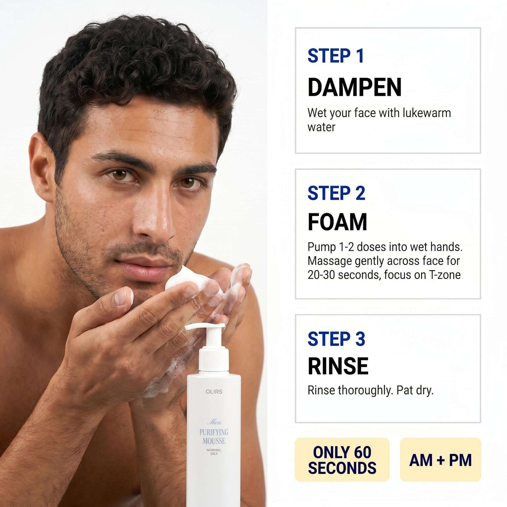 Daily Foaming Face Mousse application steps showing cleansing foam on hands and product details.