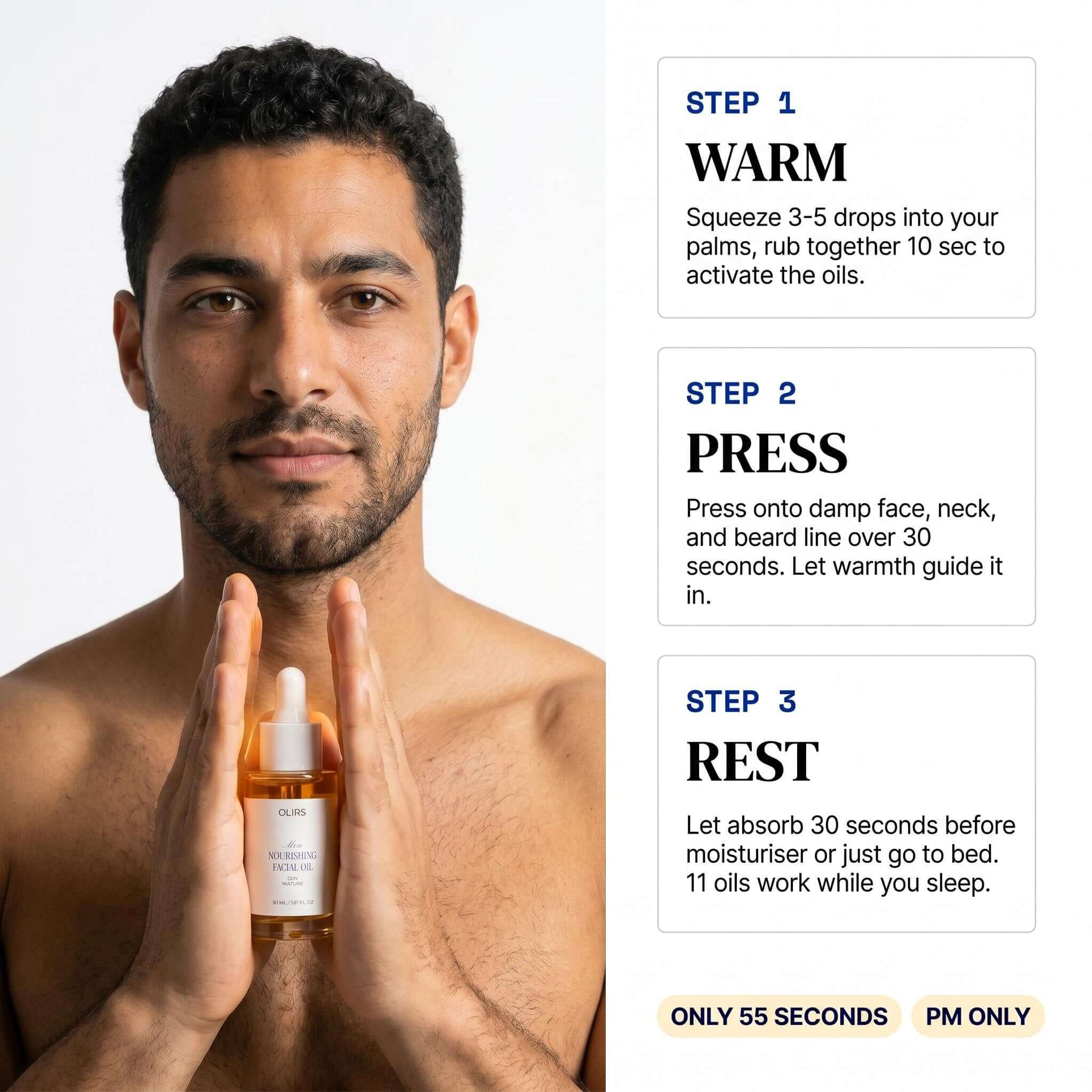 User applying Nourishing Facial Oil with hands, demonstrating the application steps for a skincare routine.