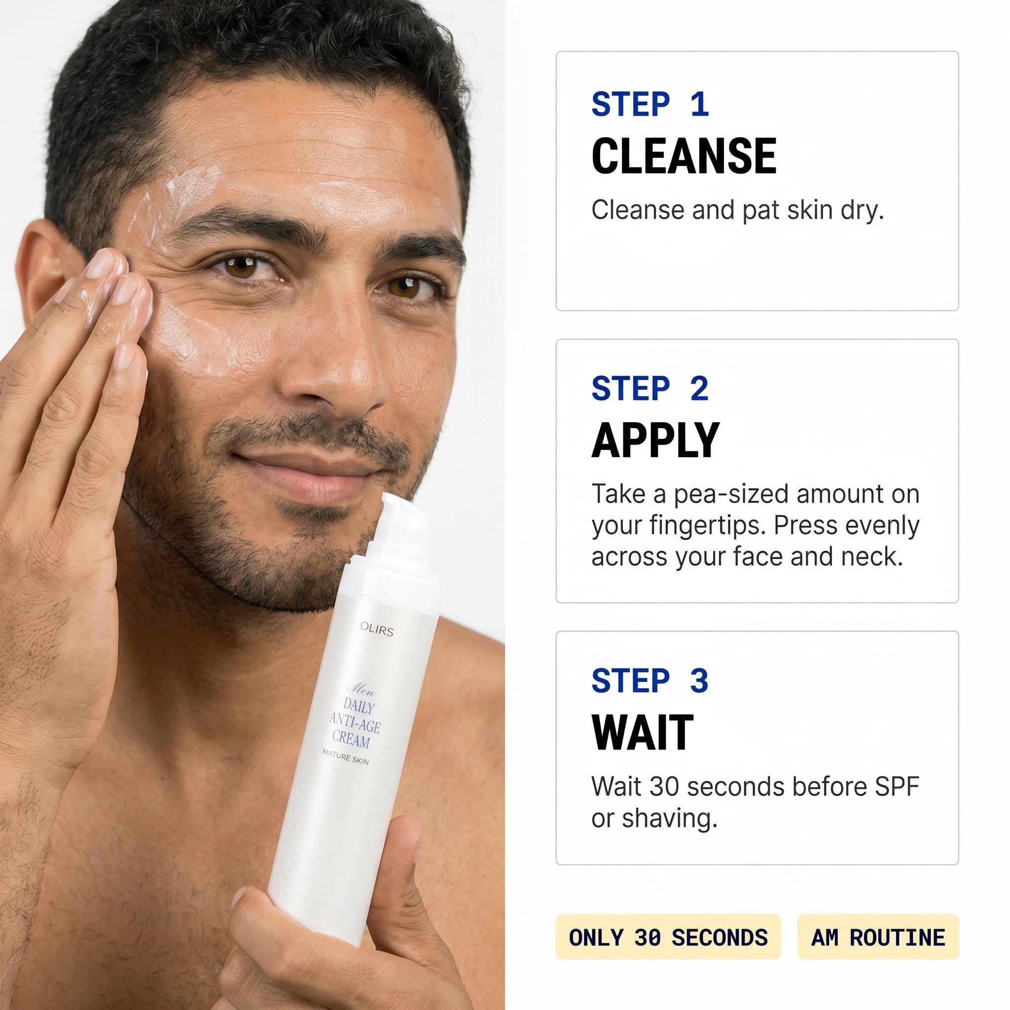 Man applying Firm-Look Day Cream to his face as part of his daily skincare routine.