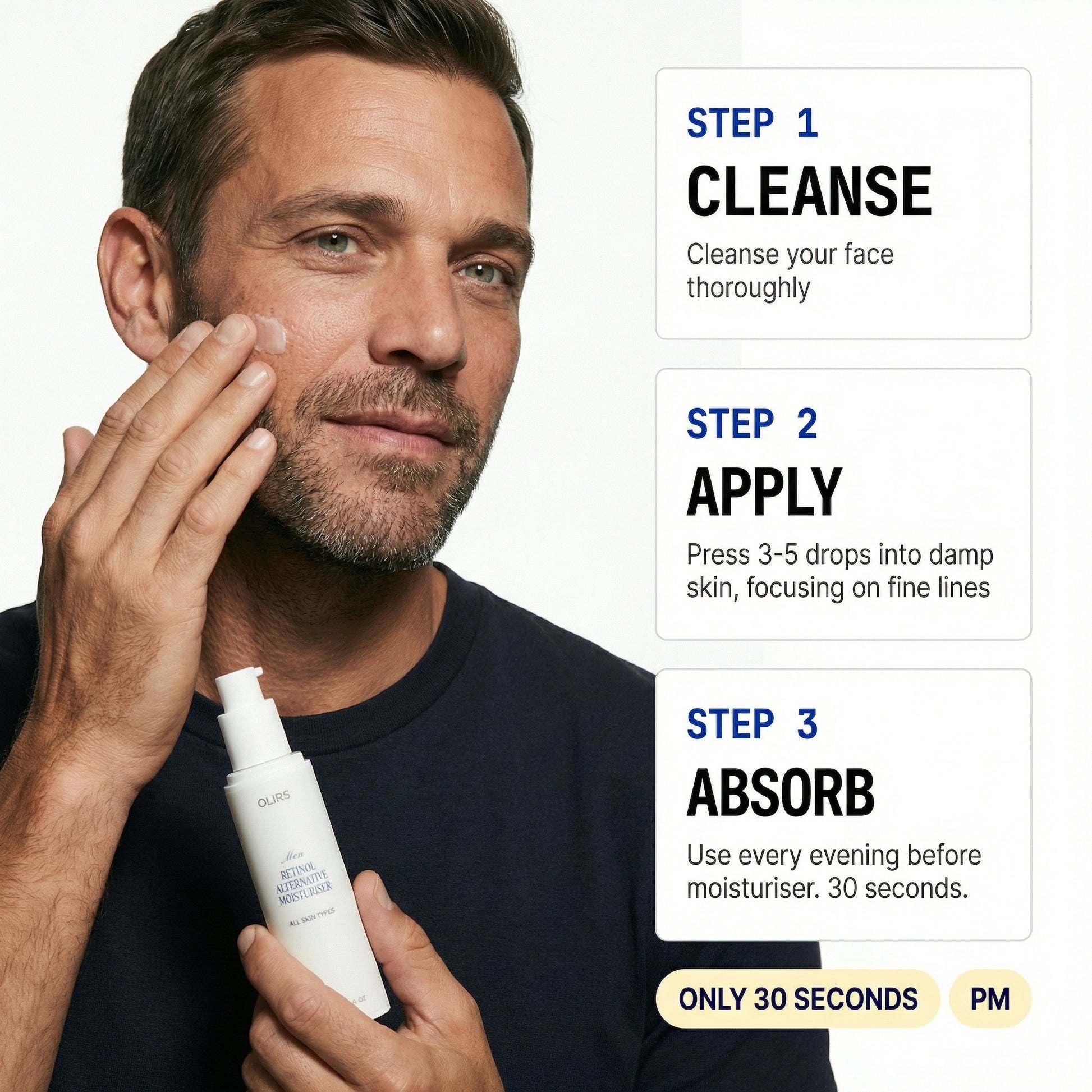 Man applying Advanced Night Renewal Serum following skincare steps for smoother skin and fine line reduction.