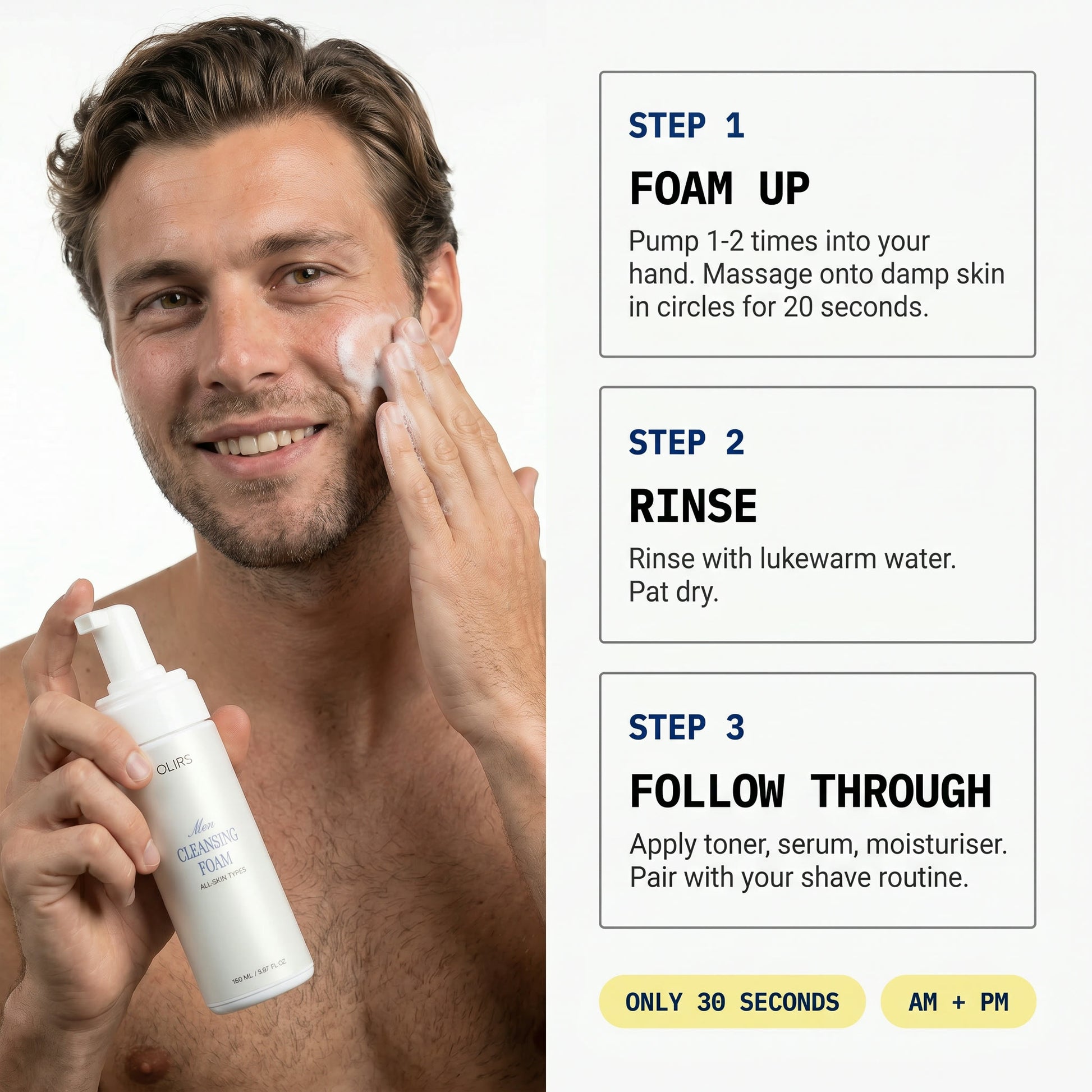 Daily Cleansing Foam application steps with a man gently massaging foam onto his face.