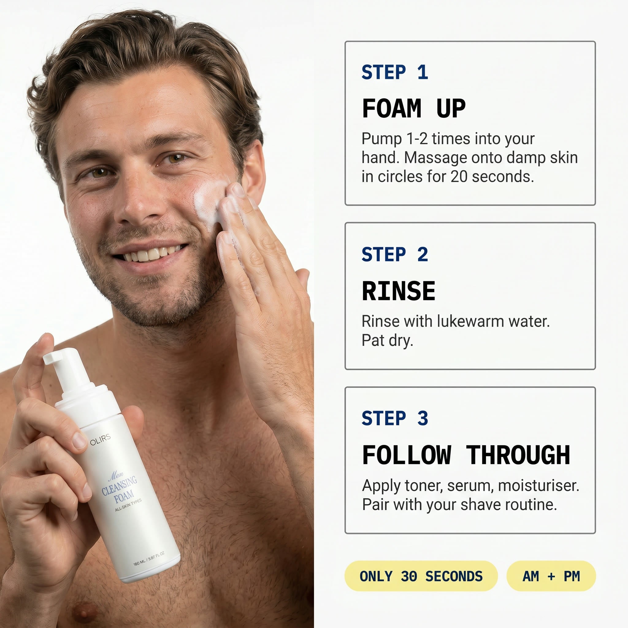 Daily Cleansing Foam application steps with a man gently massaging foam onto his face.