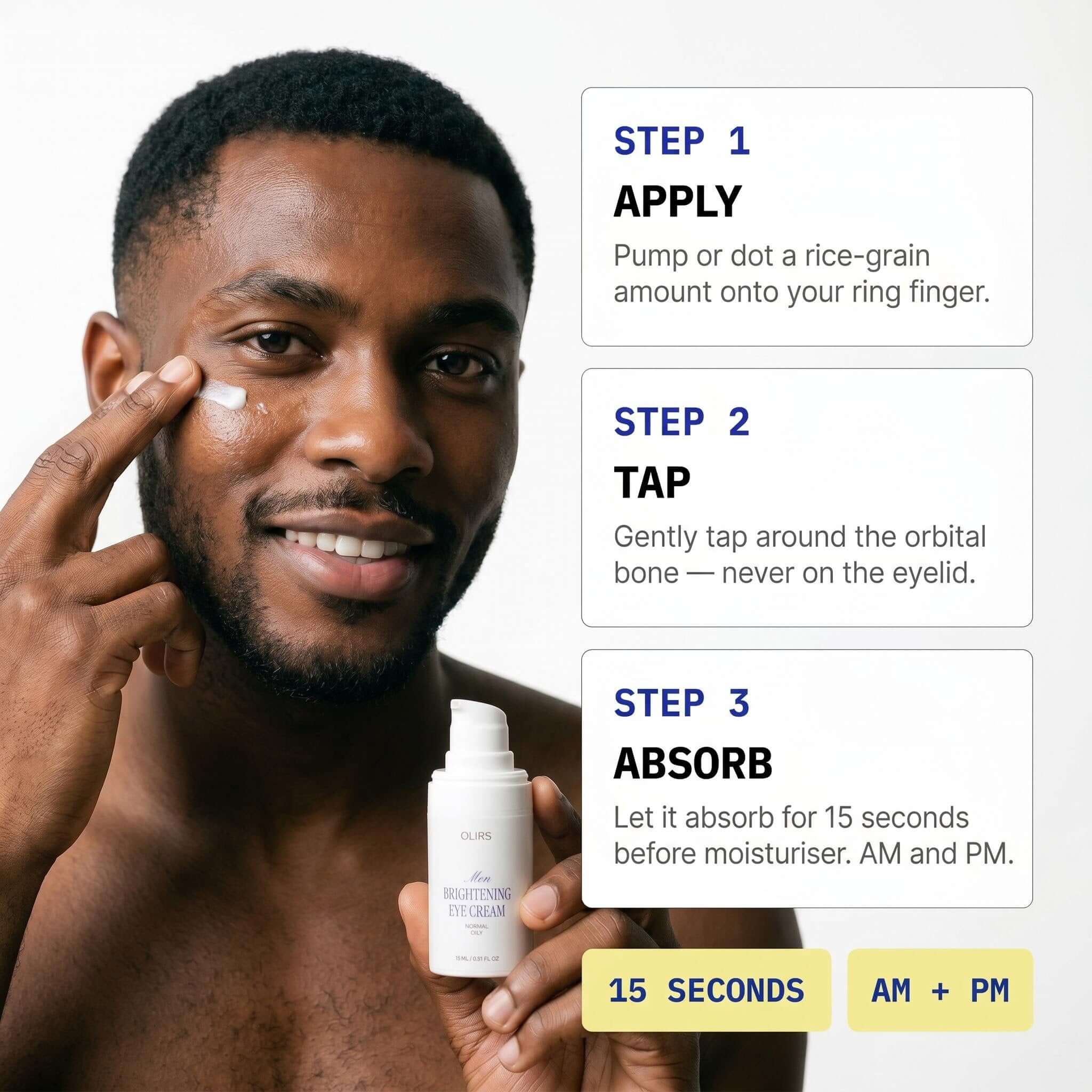 Step-by-step guide for applying Brightening Eye Cream for fresh under-eyes. Lightweight, vegan formula.