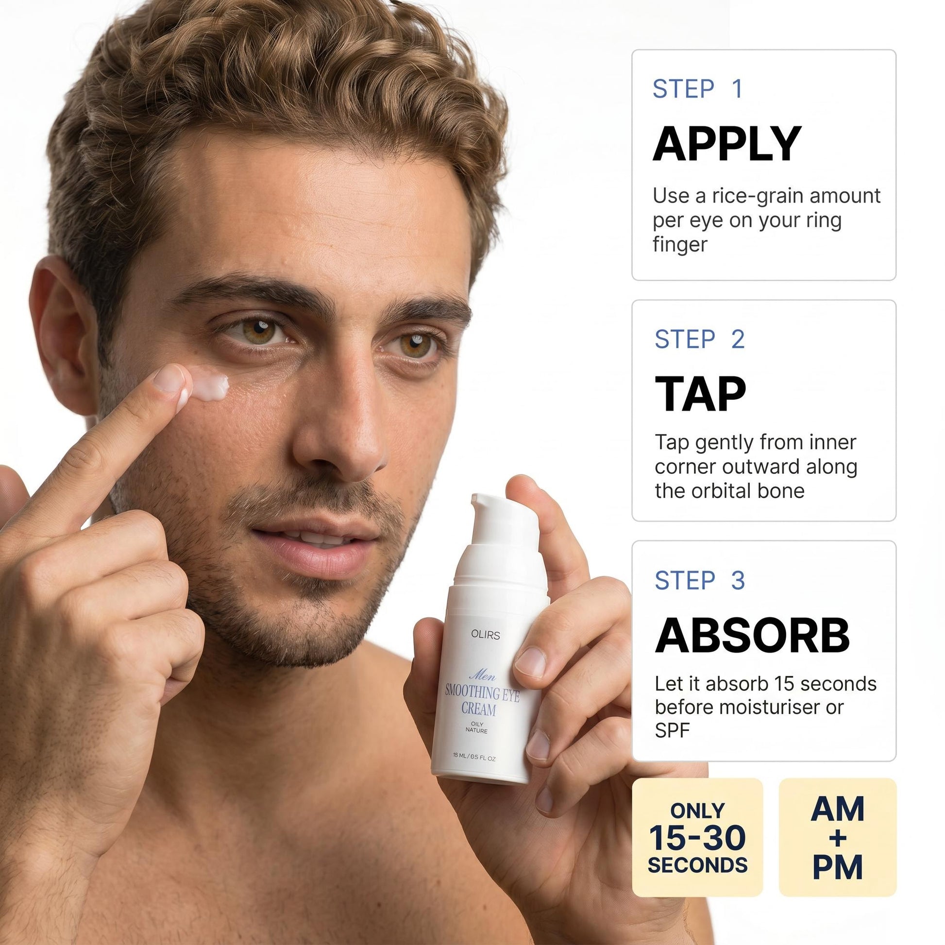 Man applying Smoothing Eye Cream to under-eye area, demonstrating skincare steps for hydration and smoothness.