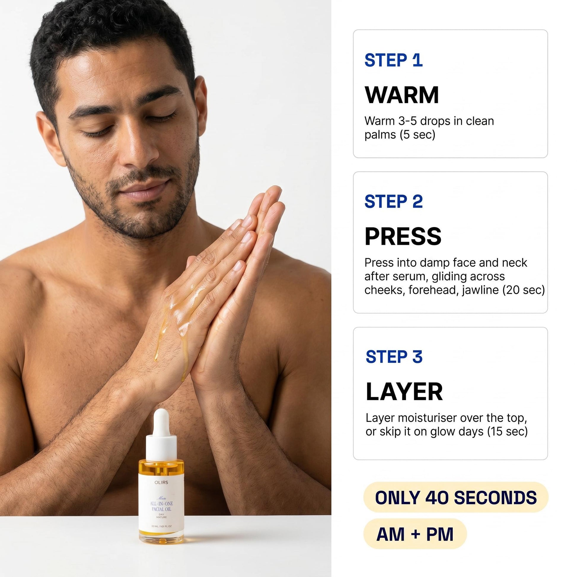 Man applying All-In-One Facial Oil following skincare routine steps for a radiant complexion.