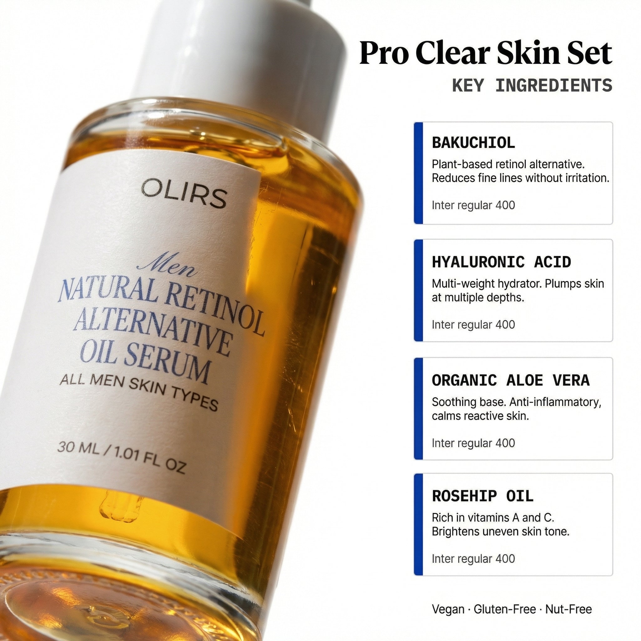 Pro Clear Skin Set featuring Natural Retinol Alternative Oil Serum with key ingredients for all men skin types.