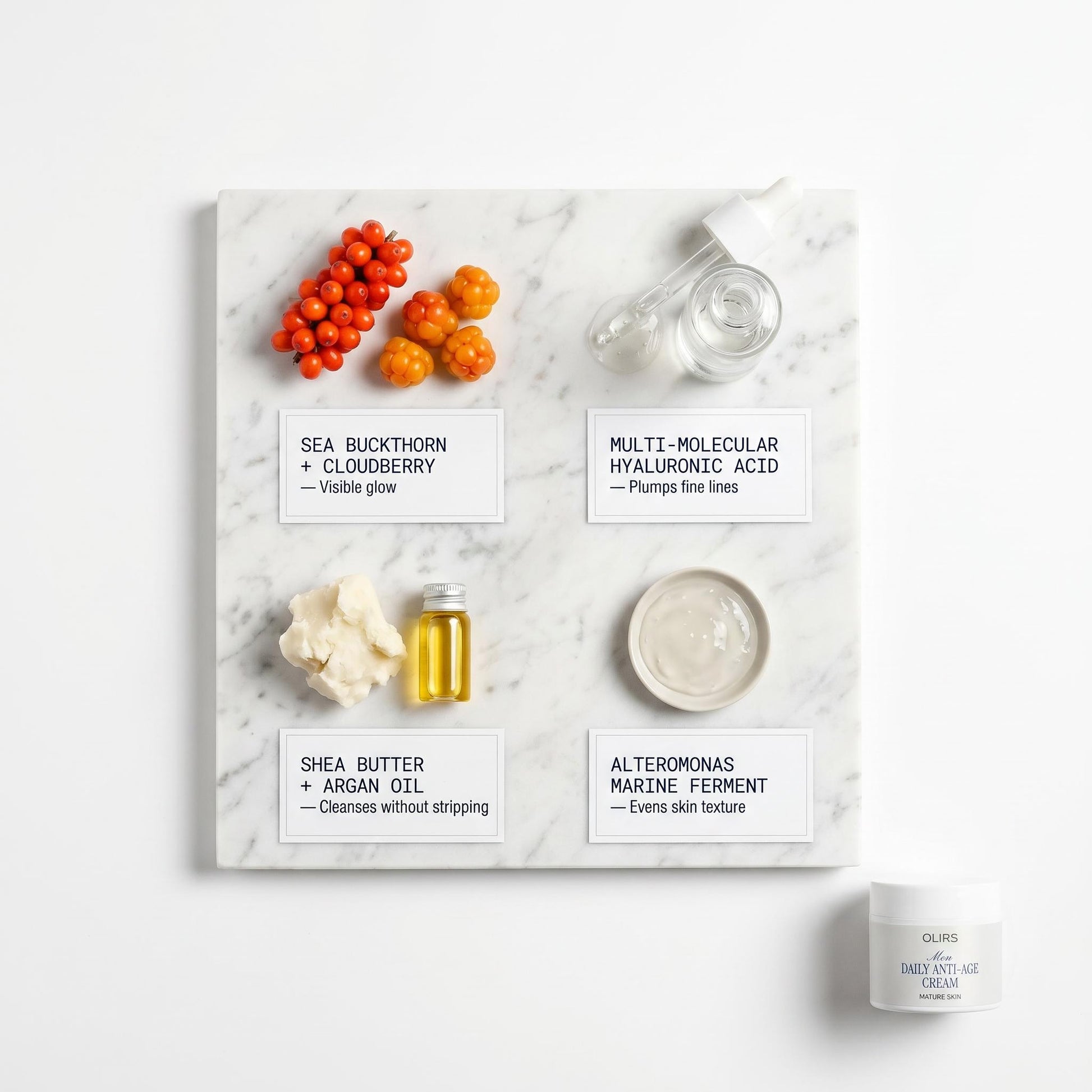 Ingredients for Glowy Skin Trio Collection Box, featuring sea buckthorn, hyaluronic acid, shea butter, and argan oil.