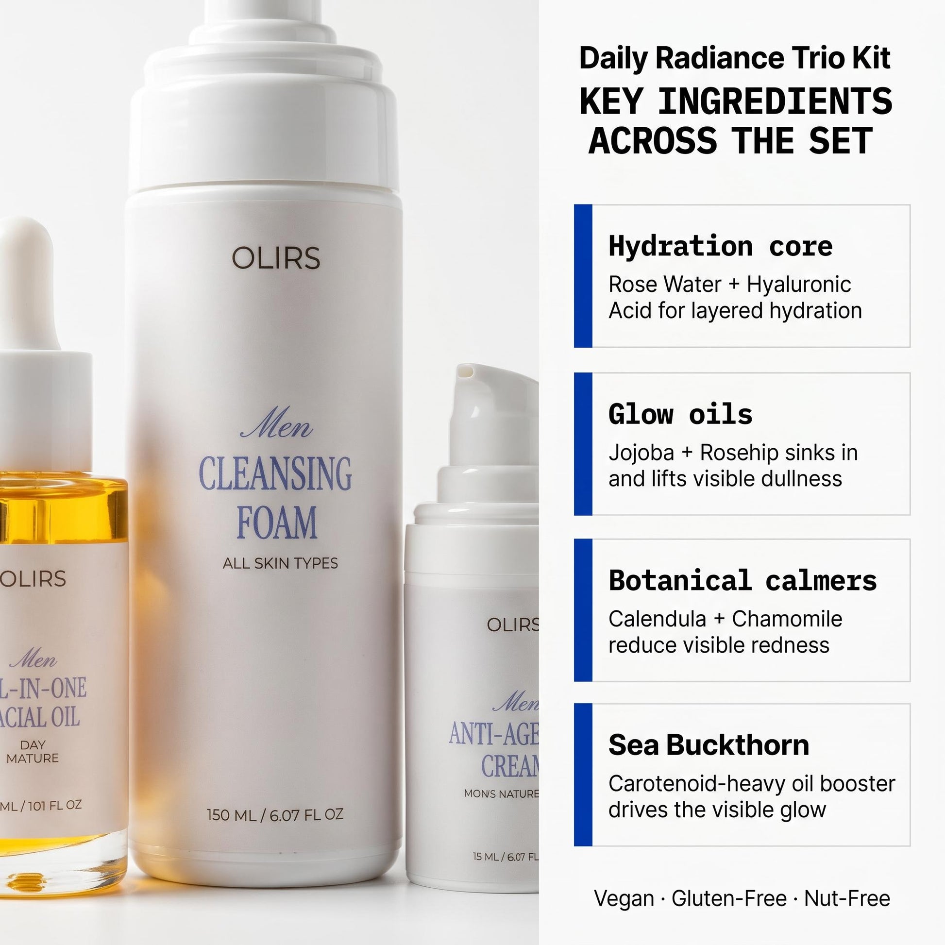 Daily Radiance Trio Kit showcasing daily cleansing foam, all-in-one facial oil, and anti-aging cream.