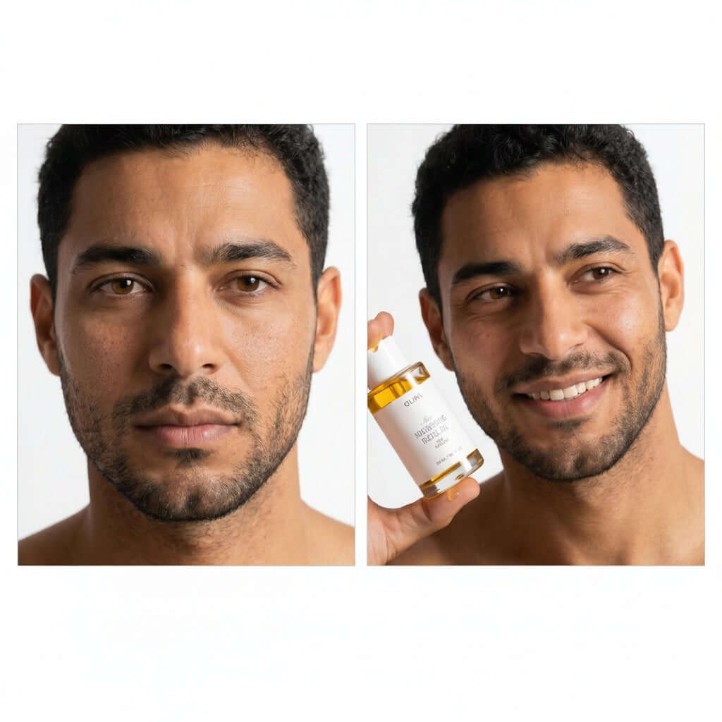 A man showcasing Nourishing Facial Oil, demonstrating its benefits for dry-feeling, mature-looking skin.