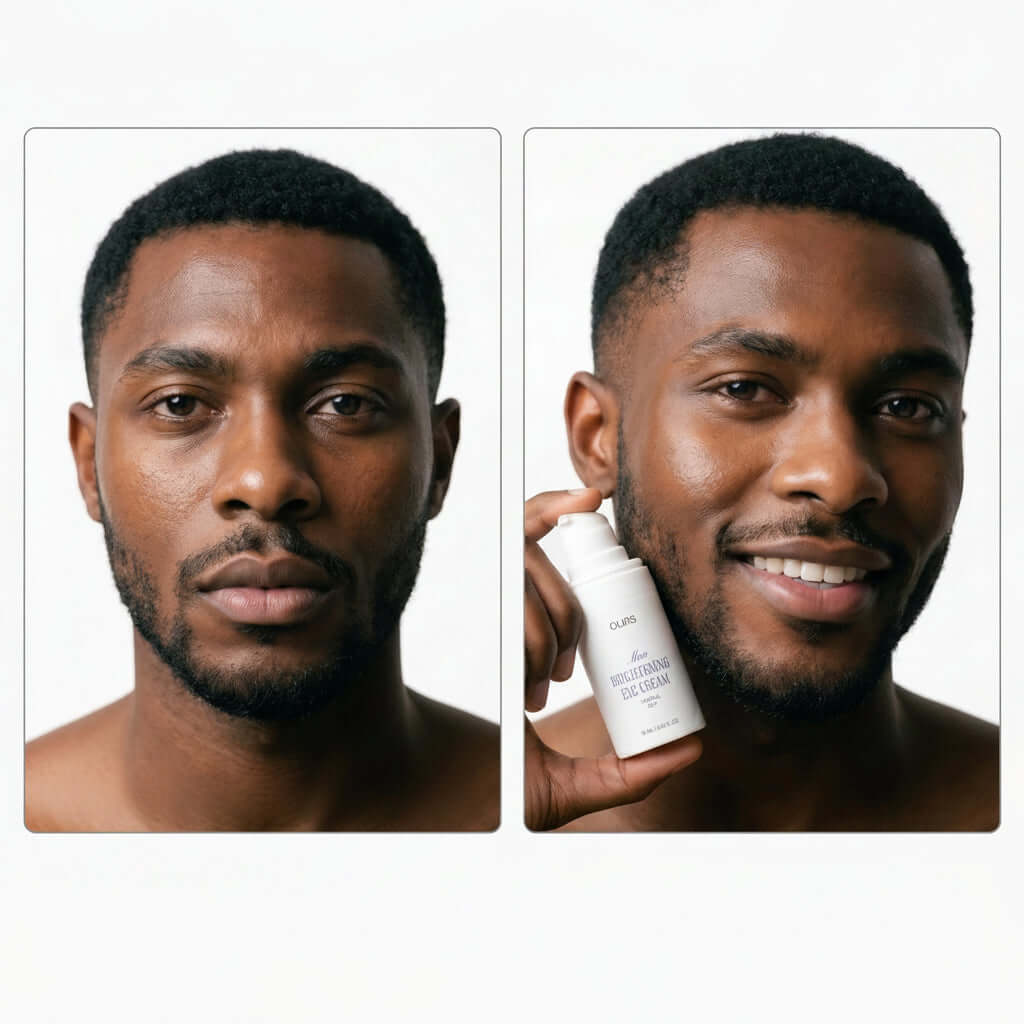 Brightening Eye Cream in the hands of a smiling man showing before and after using the product.