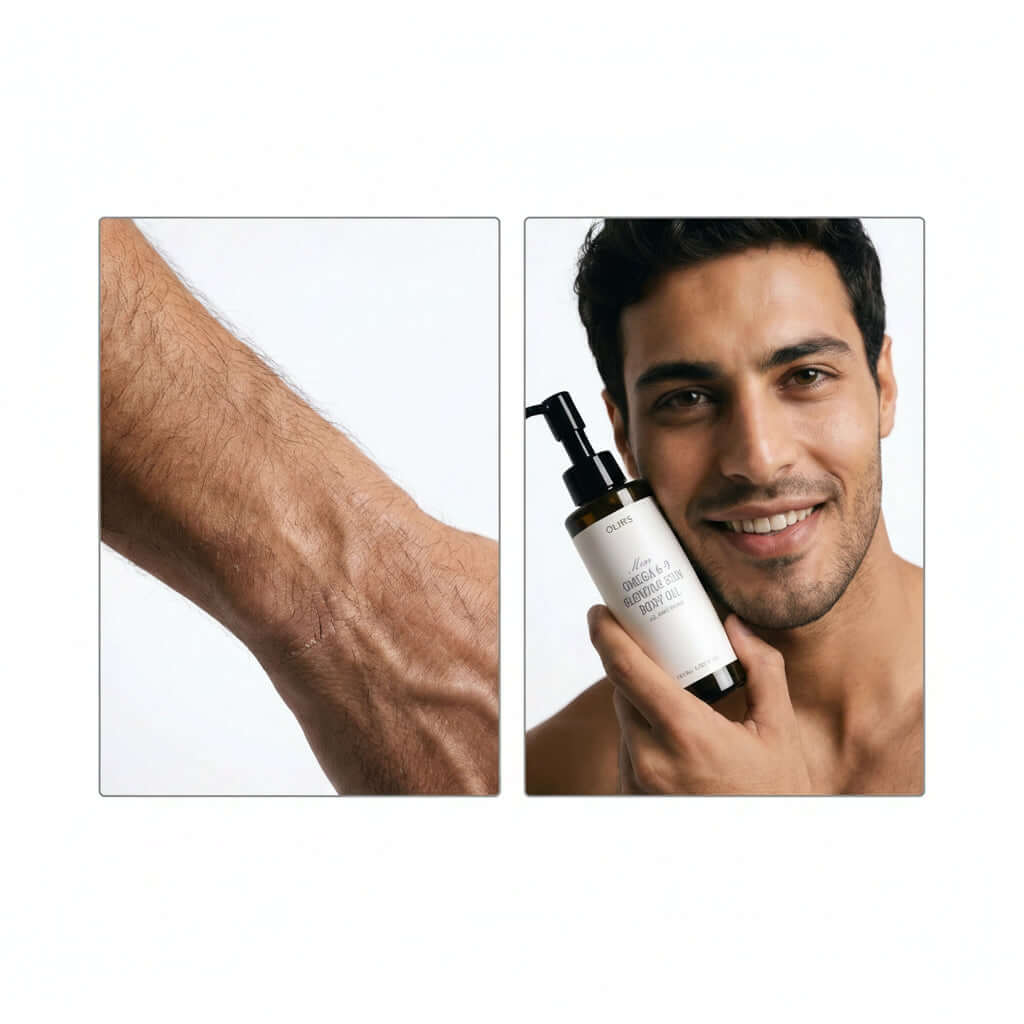 Omega 6-9 Glowing Skin Body Oil shown on a man's hand and being held by him, highlighting its nourishing properties.