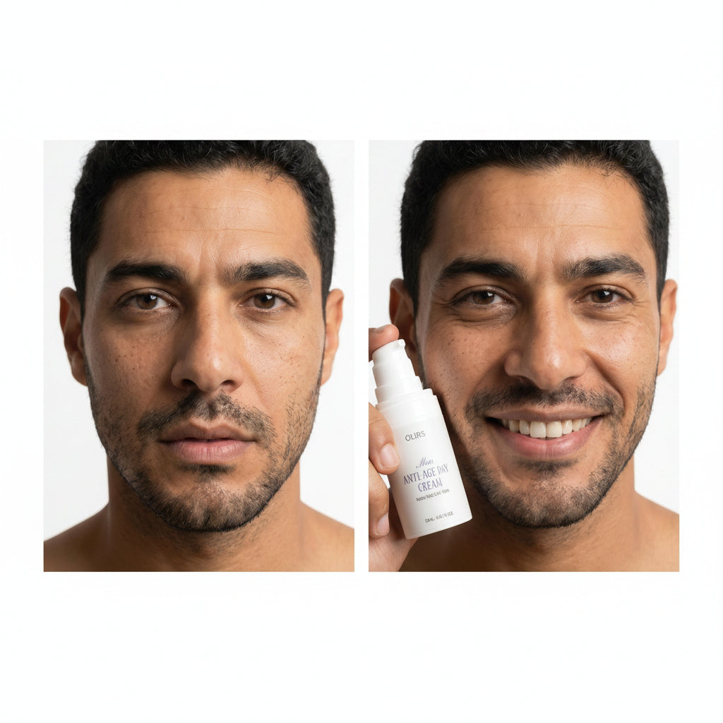 Before and after images of a man showcasing the OLIURS Anti-Age Day Cream, demonstrating its skincare benefits.