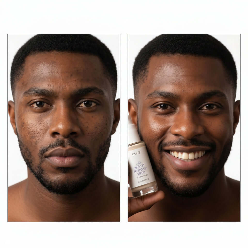 Before and after using Even-Tone Glow Serum, showing brighter and more even skin tone with hydration.