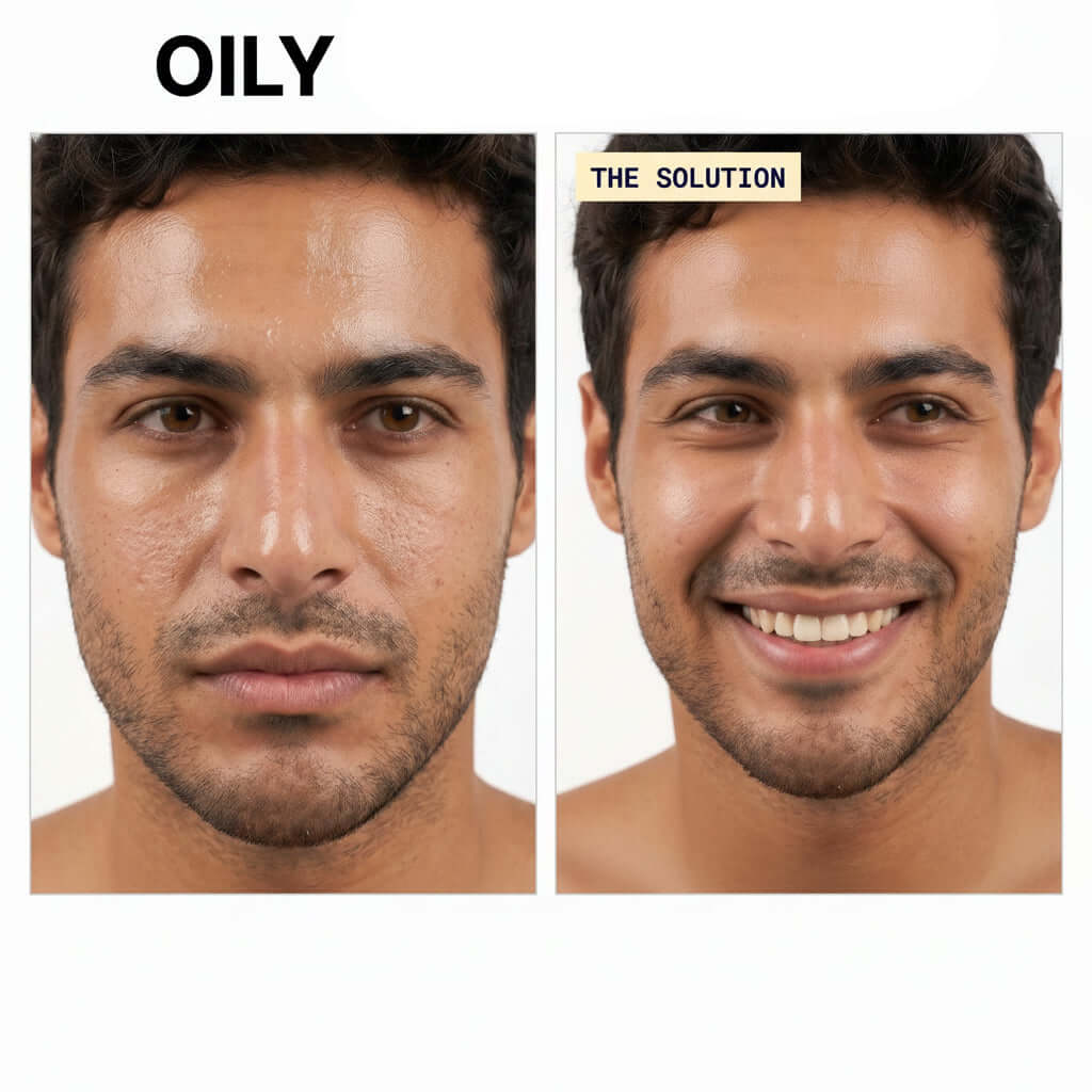Before and after using Daily Foaming Face Mousse, showing improvement in skin oiliness and texture.
