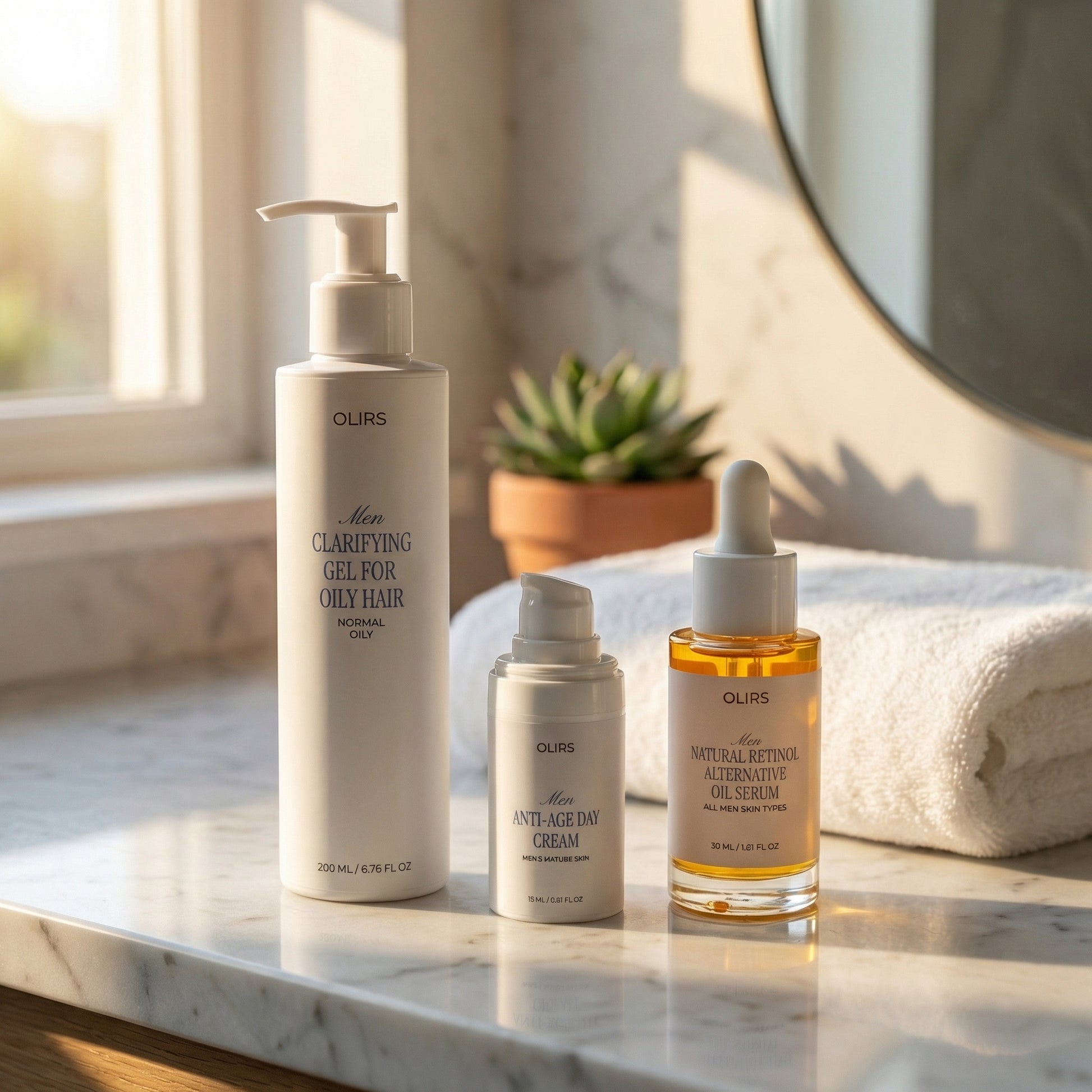Fresh Skin Routine Set featuring clarifying gel, anti-age cream, and natural retinol alternative serum.