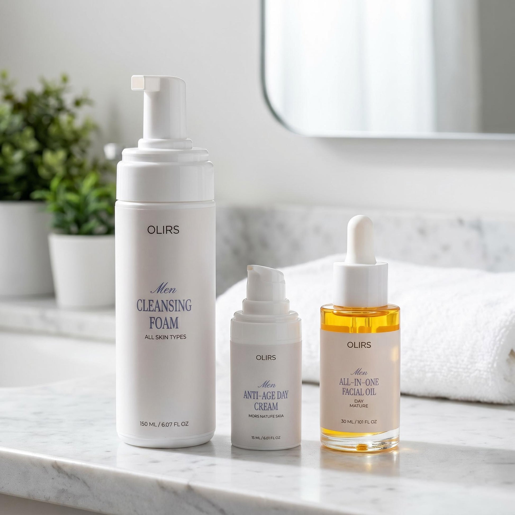 Daily Radiance Trio Kit featuring cleansing foam, anti-age cream, and all-in-one facial oil for a daily glow.