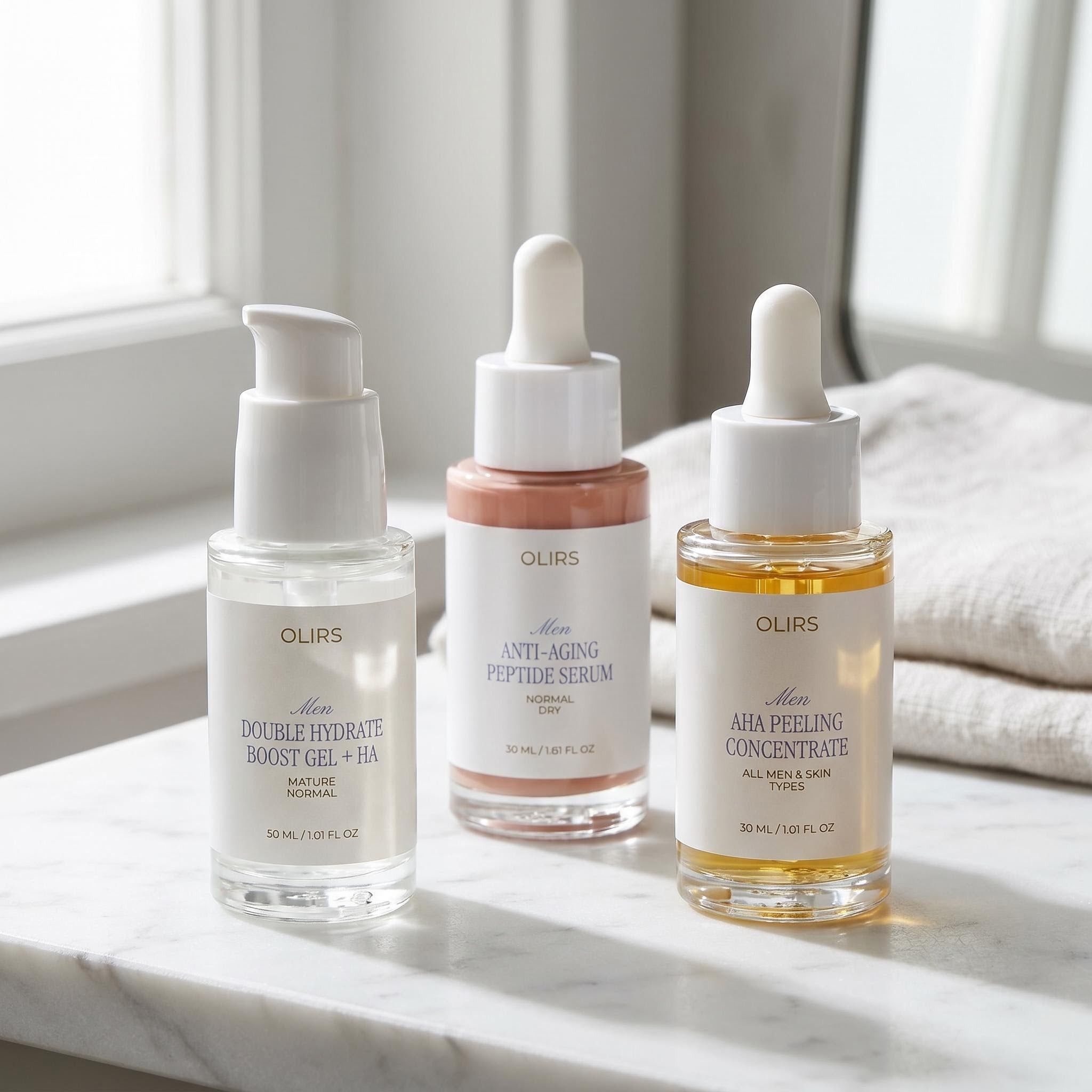 Skin Renewal Trio including Double Hydrate Boost Gel, Peptide Serum, and AHA Exfoliating Serum for smoother skin.