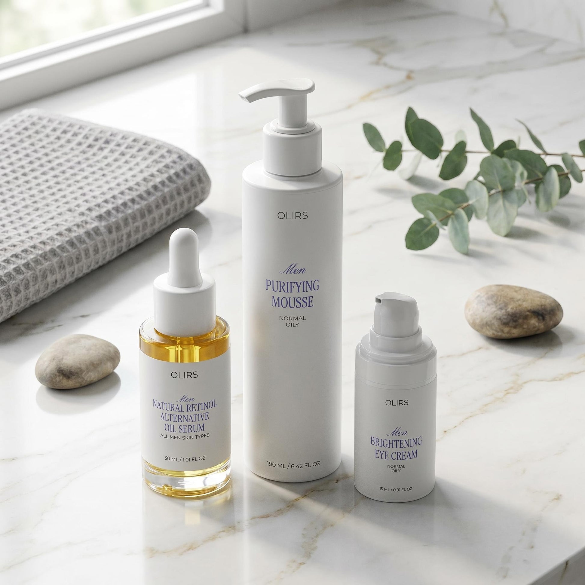 Rejuvenating Glow Trio: Purifying Mousse, Oil Serum, and Brightening Eye Cream for skincare routine.