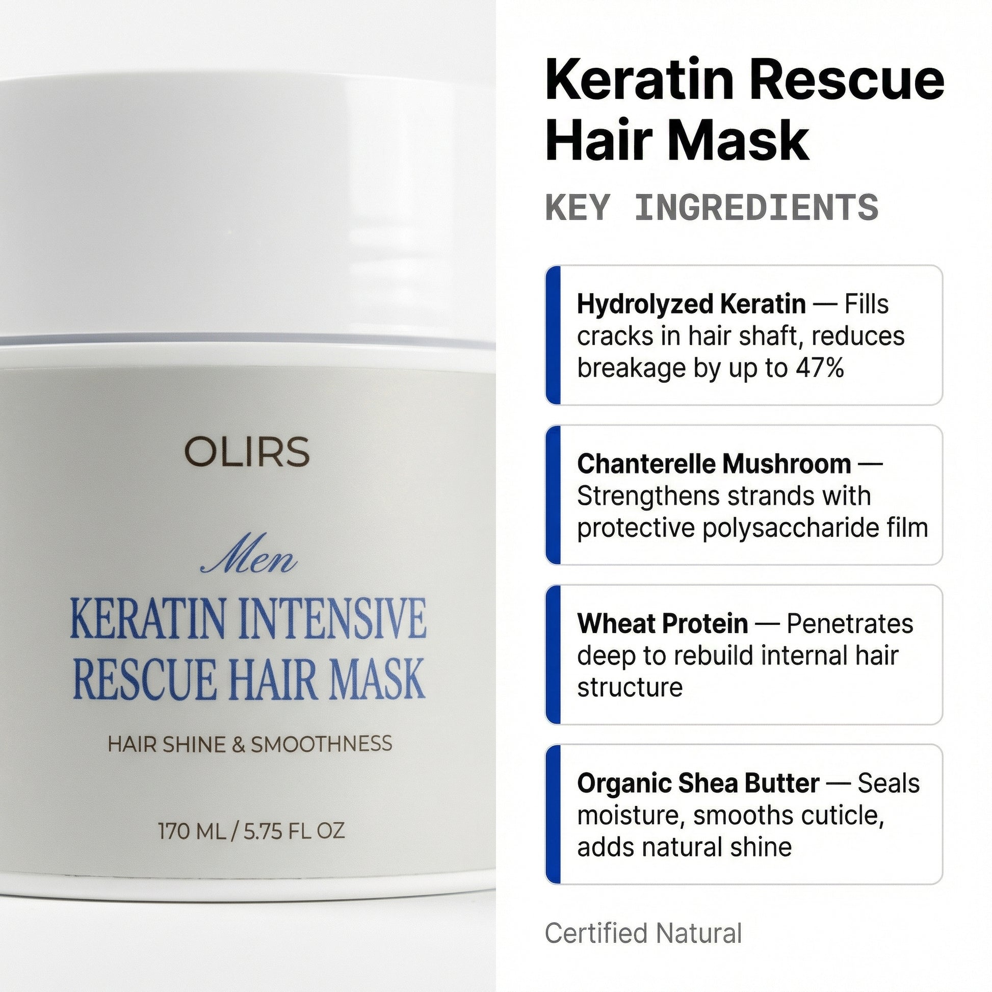 Keratin Rescue Hair Mask showcasing key ingredients for hair shine and smoothness, including hydrolyzed keratin and shea butter.