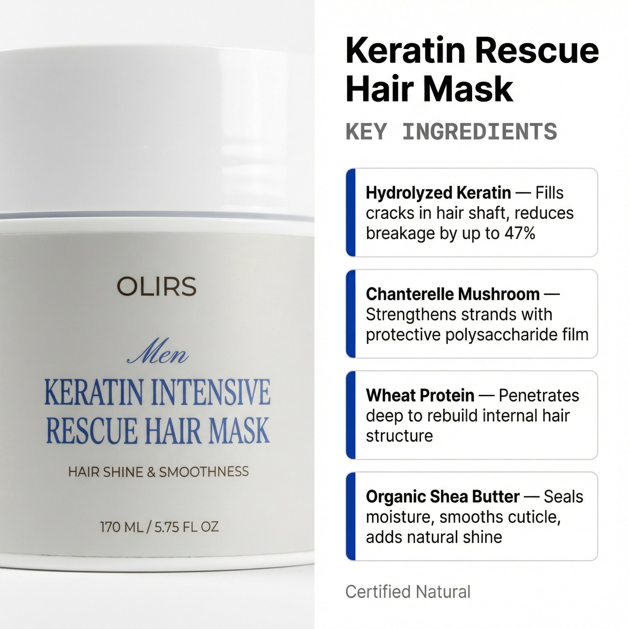 Keratin Rescue Hair Mask showcasing key ingredients for hair shine and smoothness, including hydrolyzed keratin and shea butter.