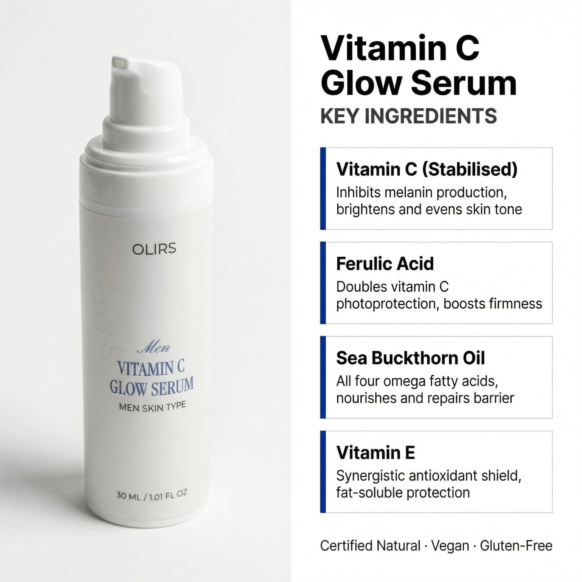 Vitamin C Glow Serum bottle with key ingredients listed for brighter, hydrated skin. Vegan and gluten-free product.