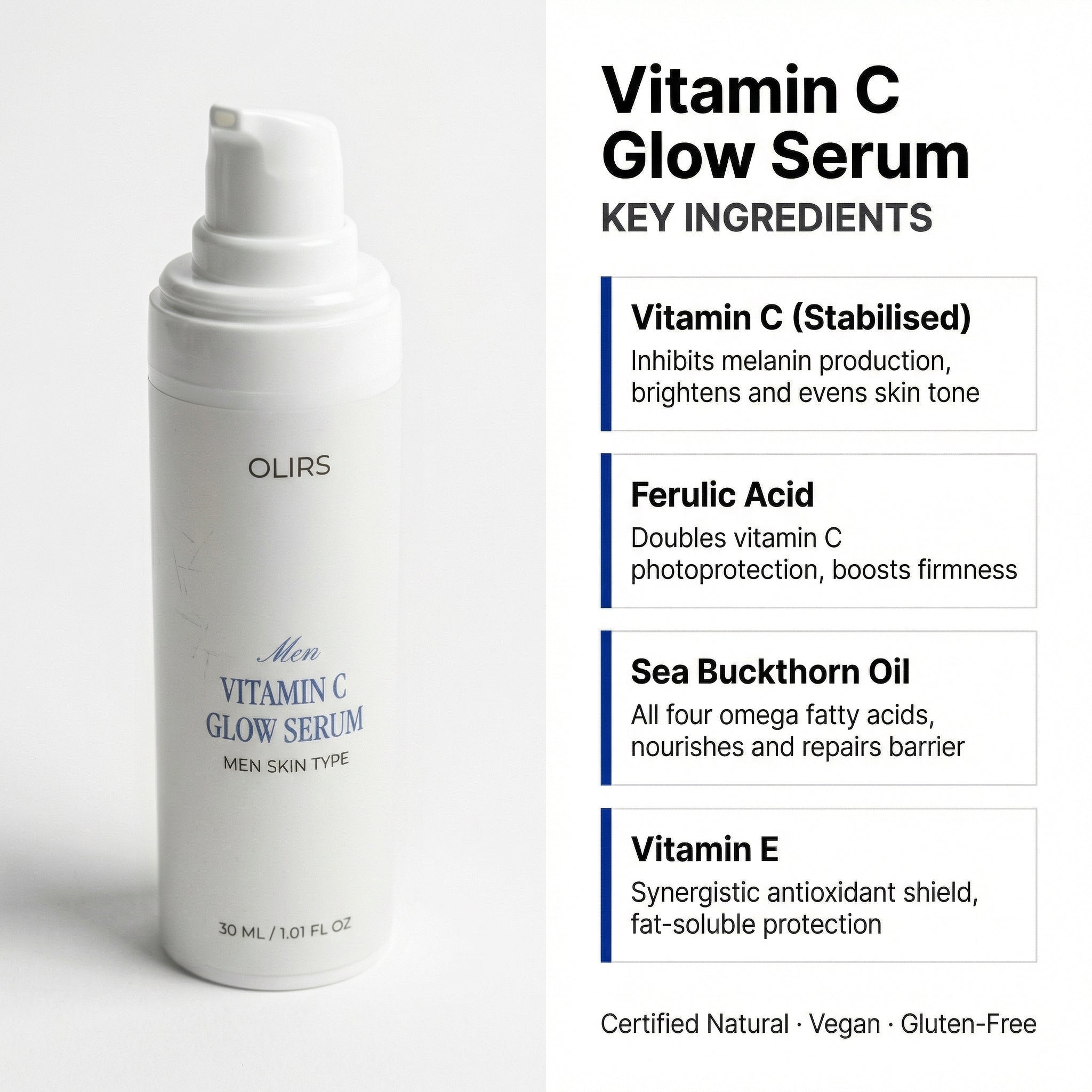 Vitamin C Glow Serum bottle with key ingredients listed for brighter, hydrated skin. Vegan and gluten-free product.
