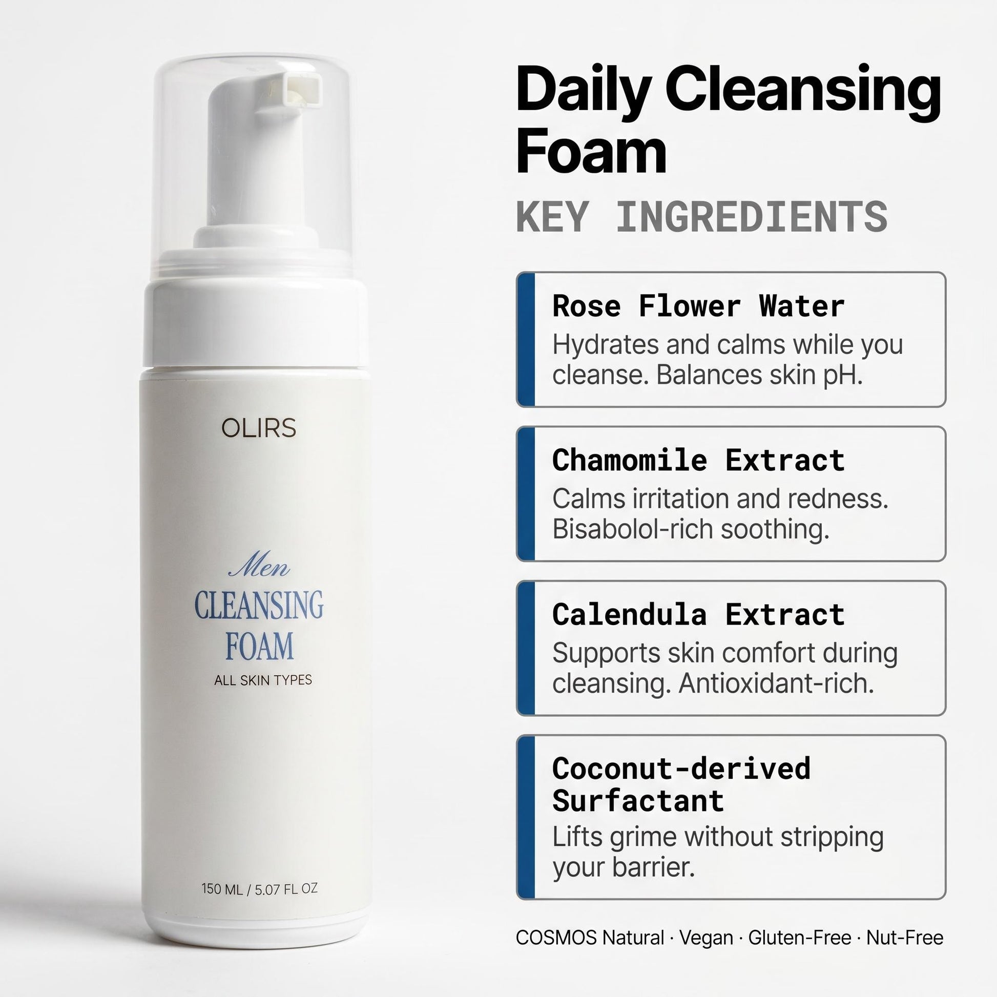 Daily Cleansing Foam bottle featuring key ingredients like rose water, chamomile, and calendula for gentle cleansing.