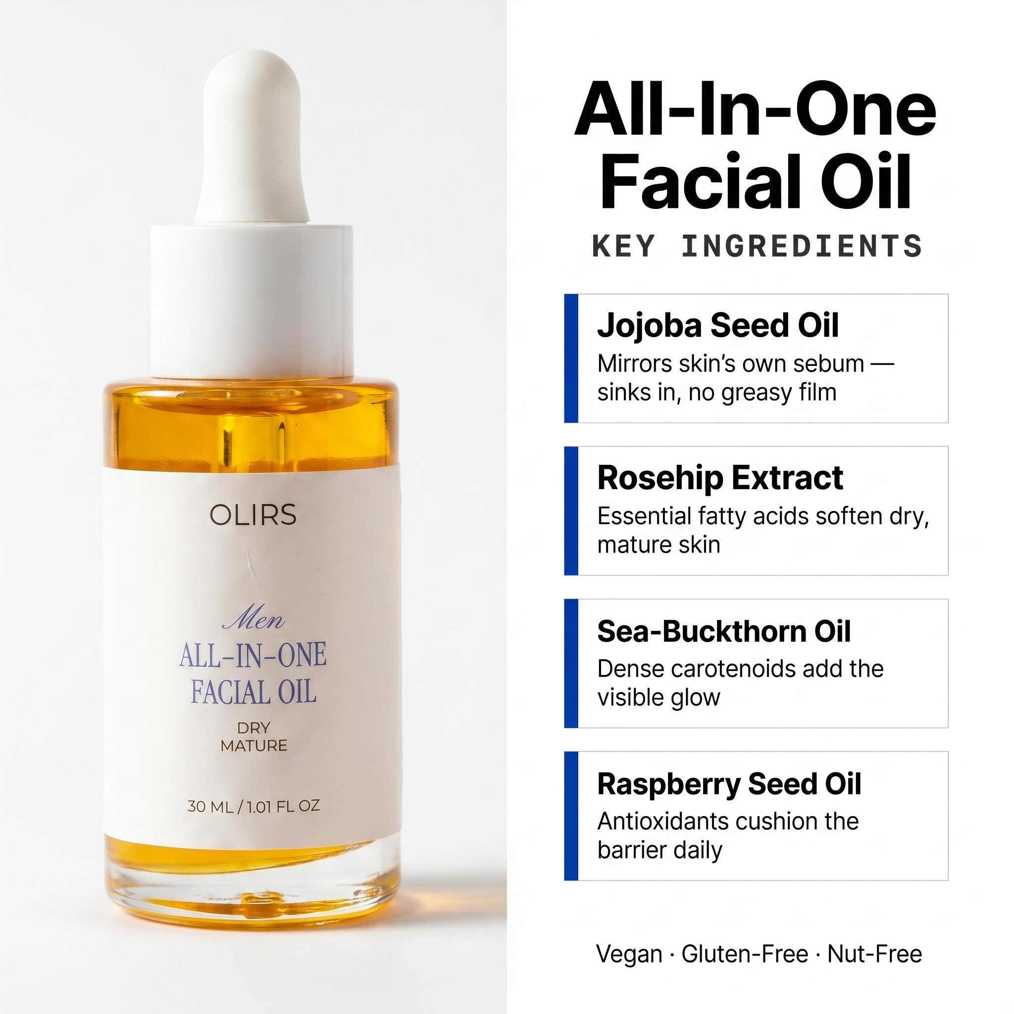 All-In-One Facial Oil with key ingredients like jojoba, rosehip, sea-buckthorn, and raspberry for glowing skin.