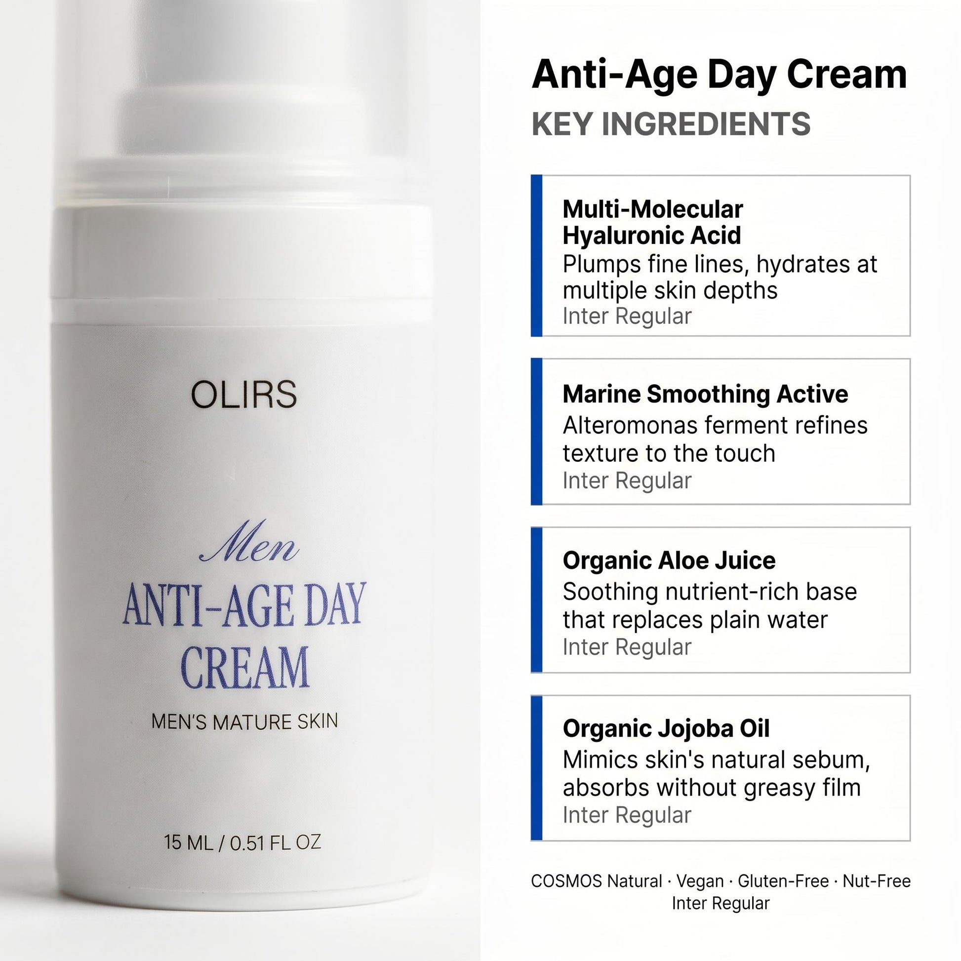 Anti-Age Day Cream with key ingredients for men's mature skin in a 15 ml travel size.