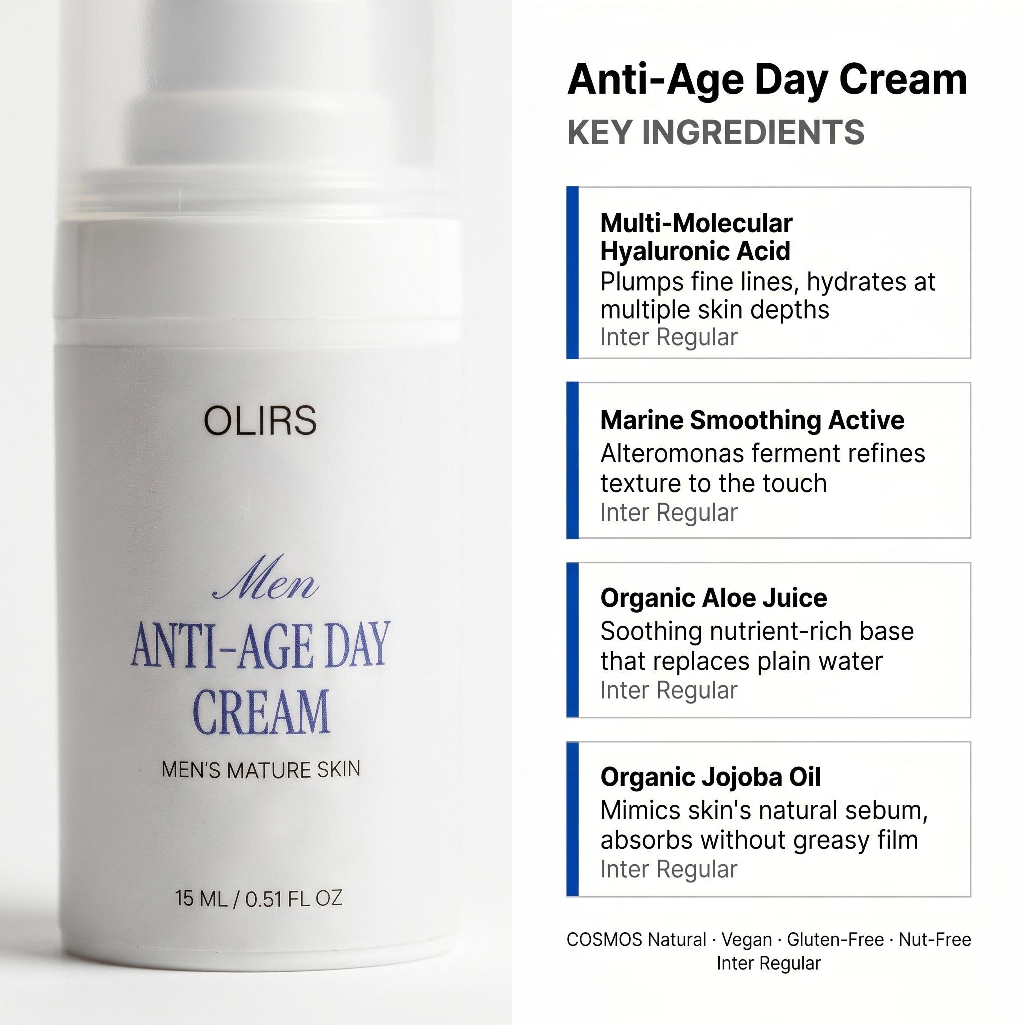 Anti-Age Day Cream with key ingredients for men's mature skin in a 15 ml travel size.