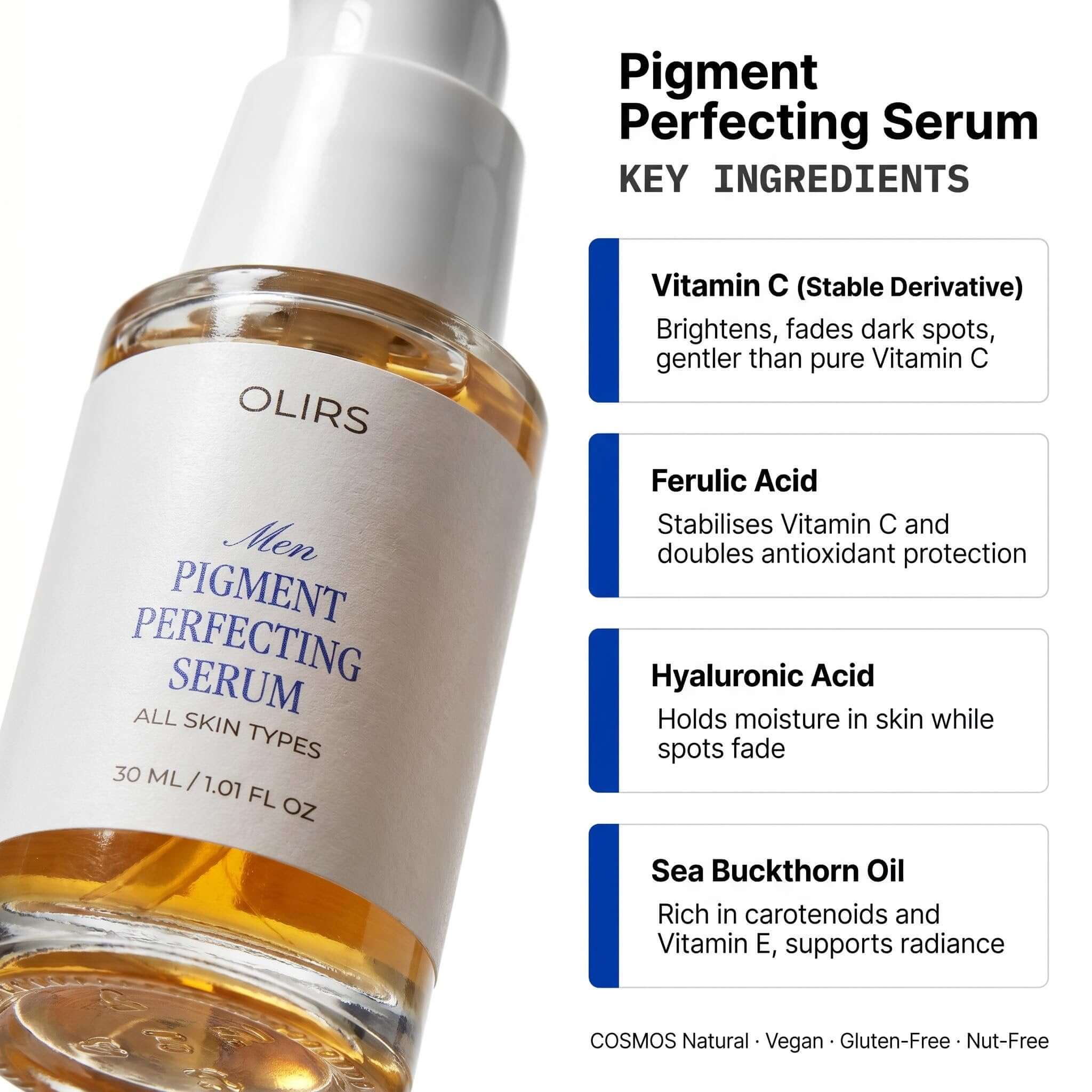 Men Pigment Perfecting Serum with Vitamin C, Ferulic Acid, and Hyaluronic Acid for bright, hydrated skin.
