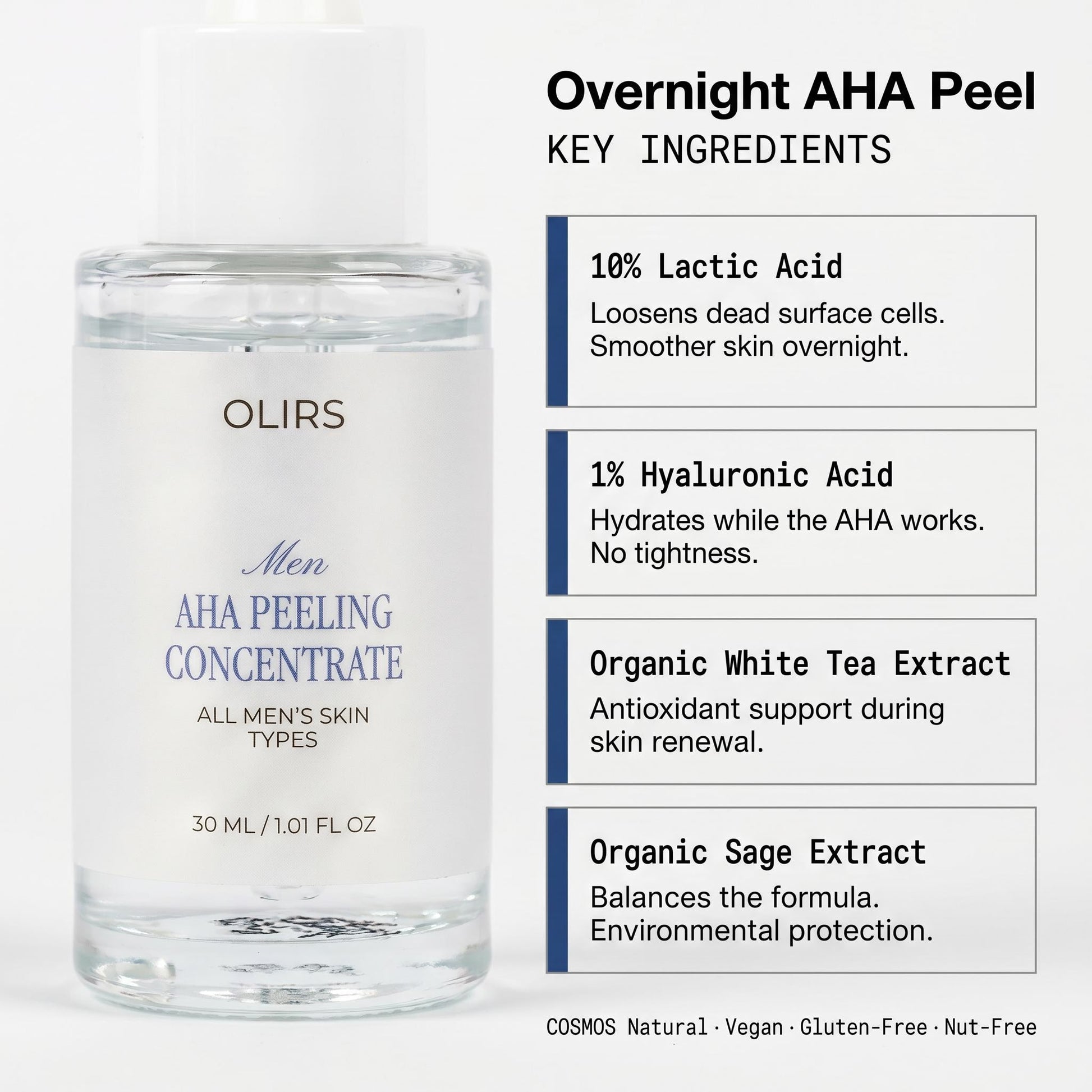 Overnight AHA Exfoliating Serum in a bottle with ingredients list for smoother-looking skin.
