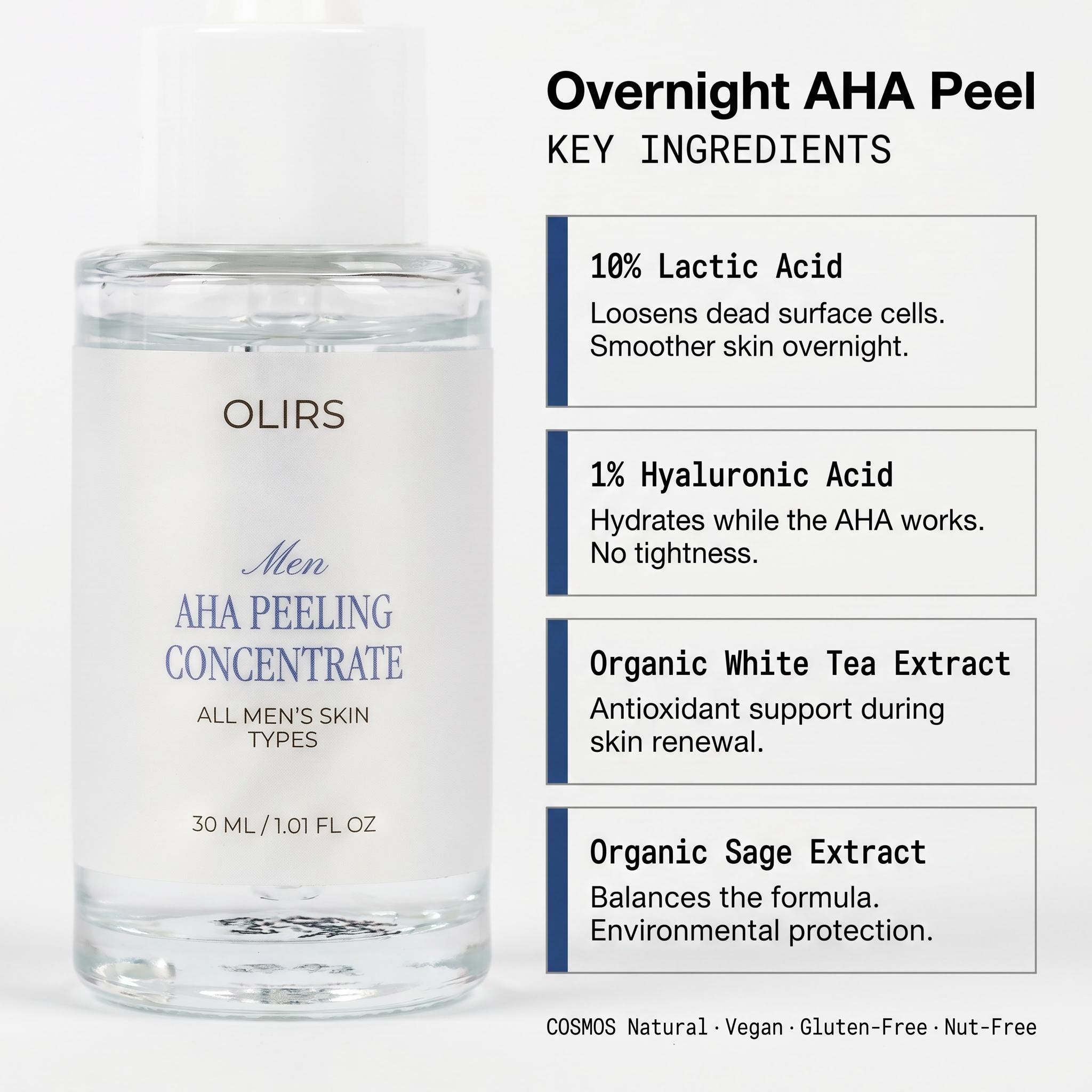 Overnight AHA Exfoliating Serum in a bottle with ingredients list for smoother-looking skin.
