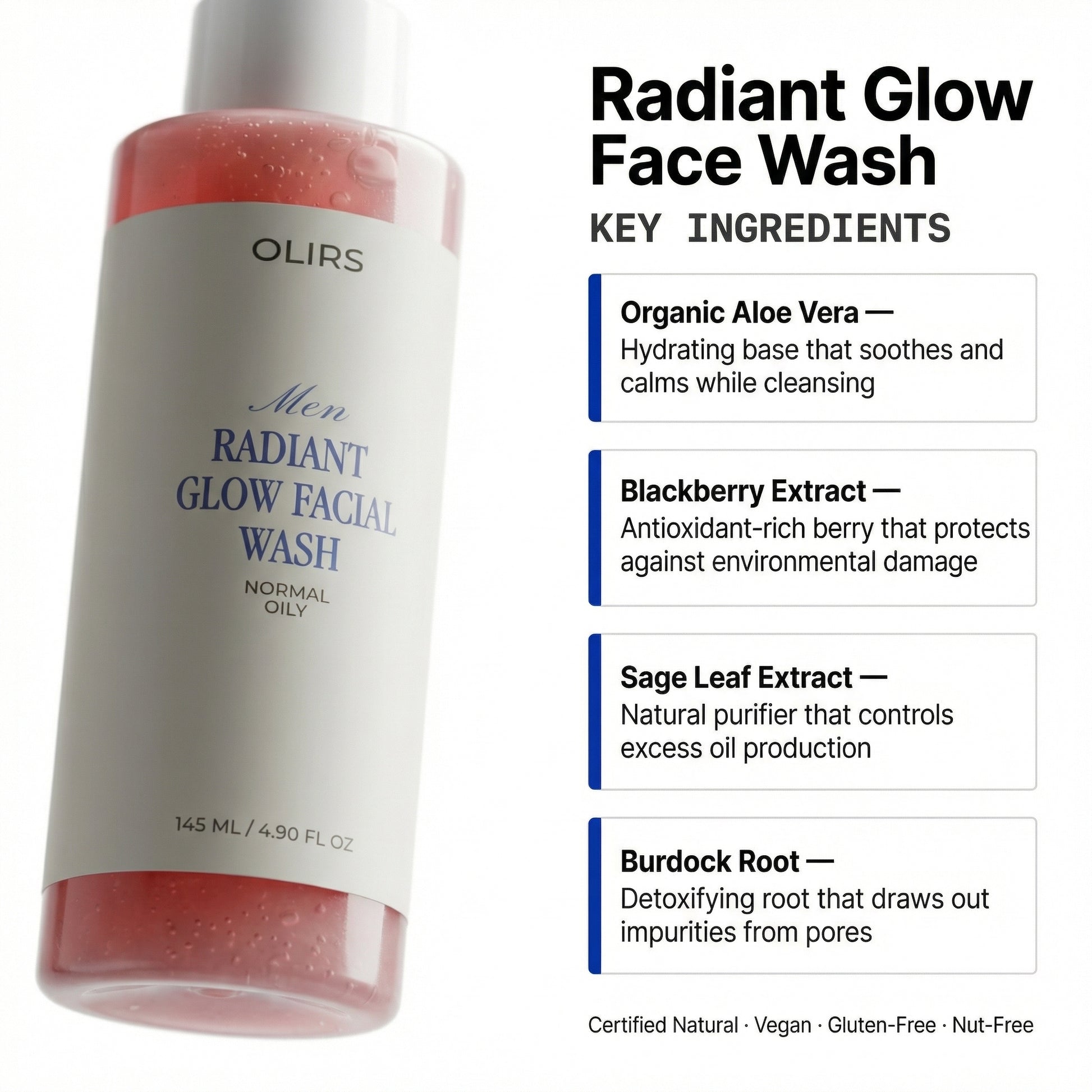 Radiant Glow Face Wash product image featuring natural ingredients like Aloe and Blackberry for a fresh clean feel.