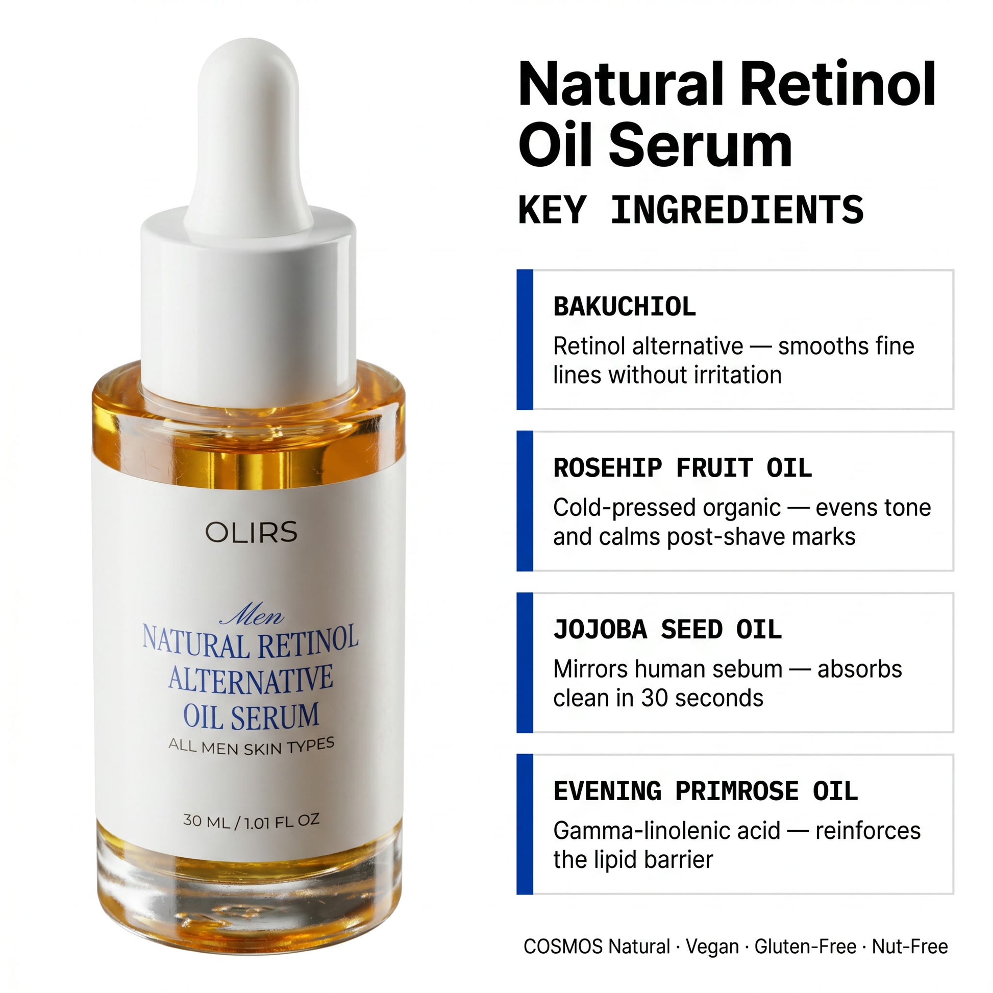 Bakuchiol Night Oil Serum in a bottle highlighting key ingredients for skin care benefits.