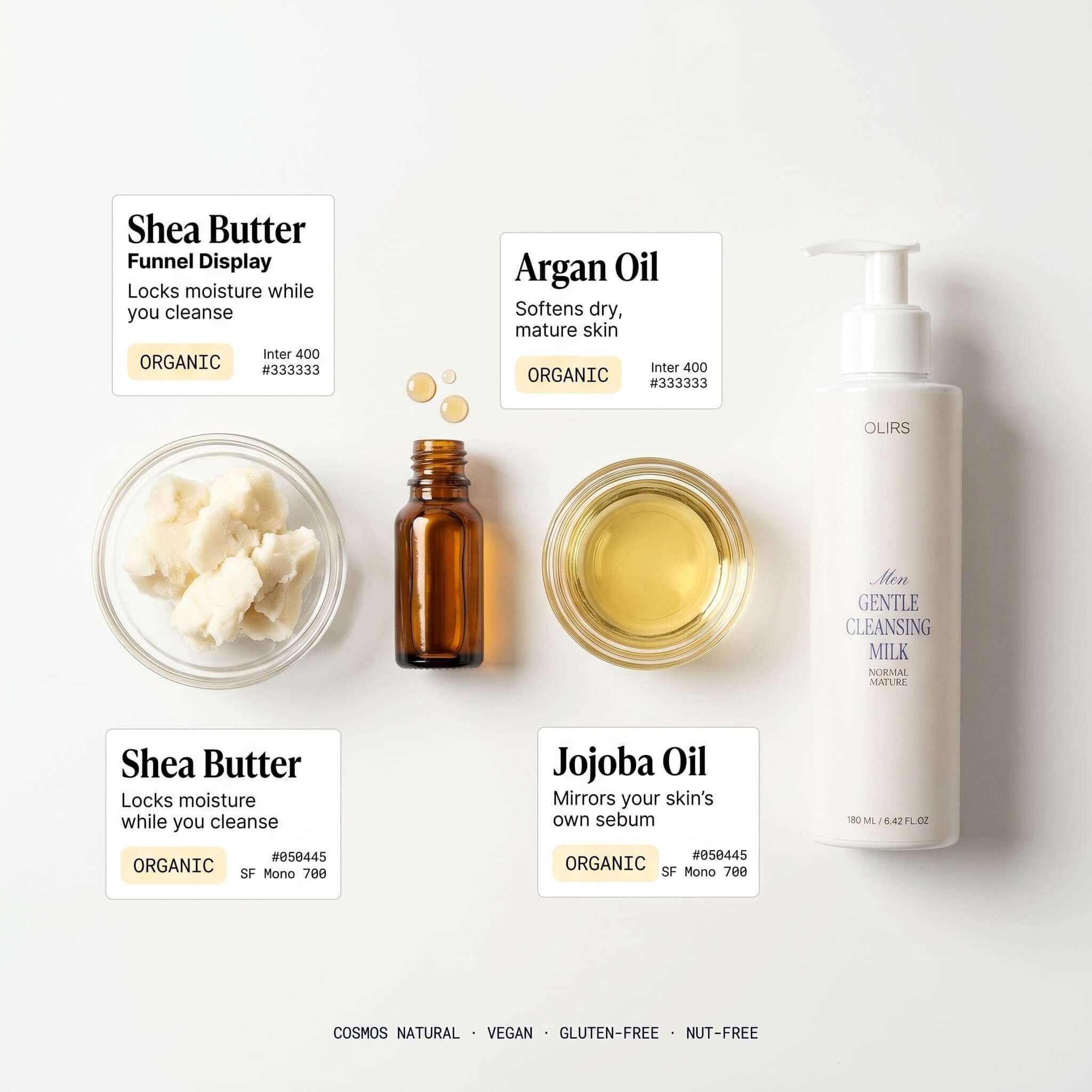 Product display featuring OLIRS Gentle Cleansing Milk and organic ingredients like shea butter, argan oil, and jojoba oil.