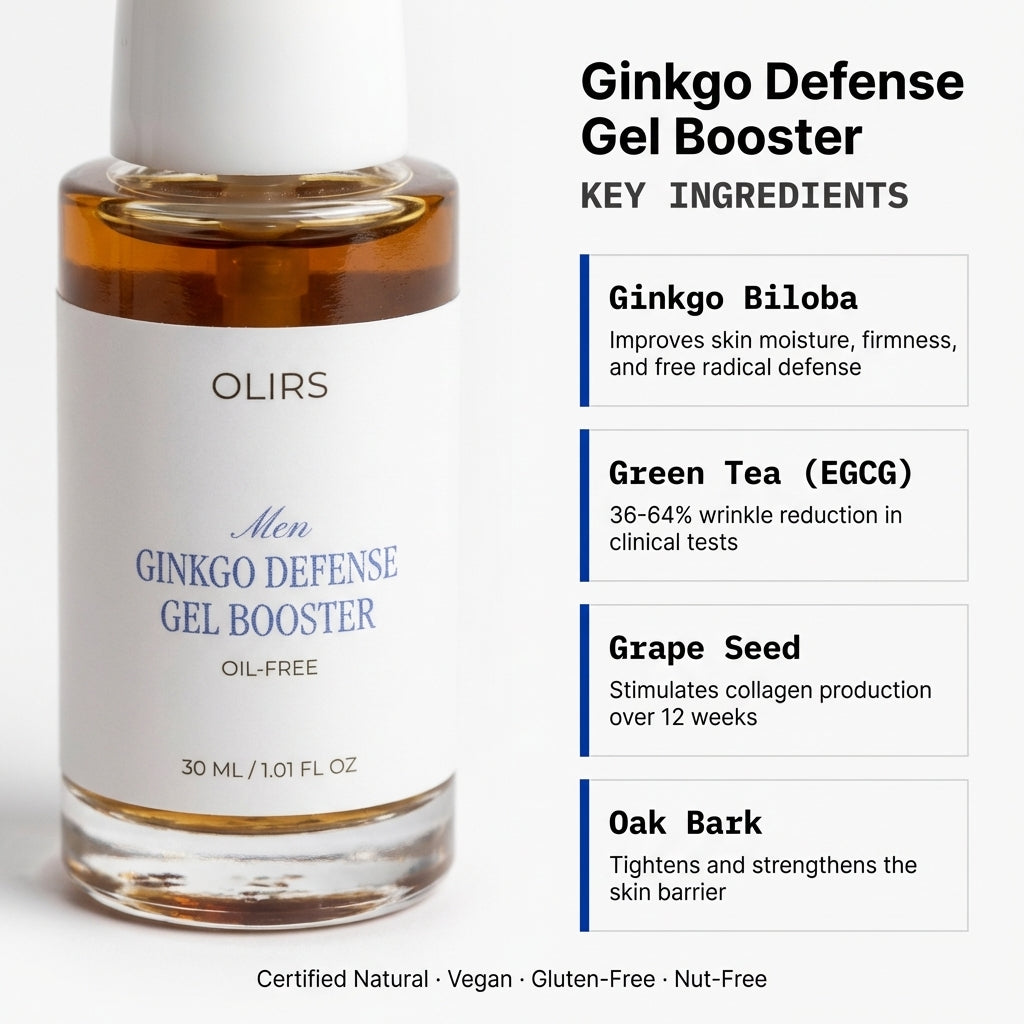 Ginkgo Defense Gel Booster, oil-free antioxidant gel with Ginkgo biloba, green tea, grape seed, and oak bark extracts.