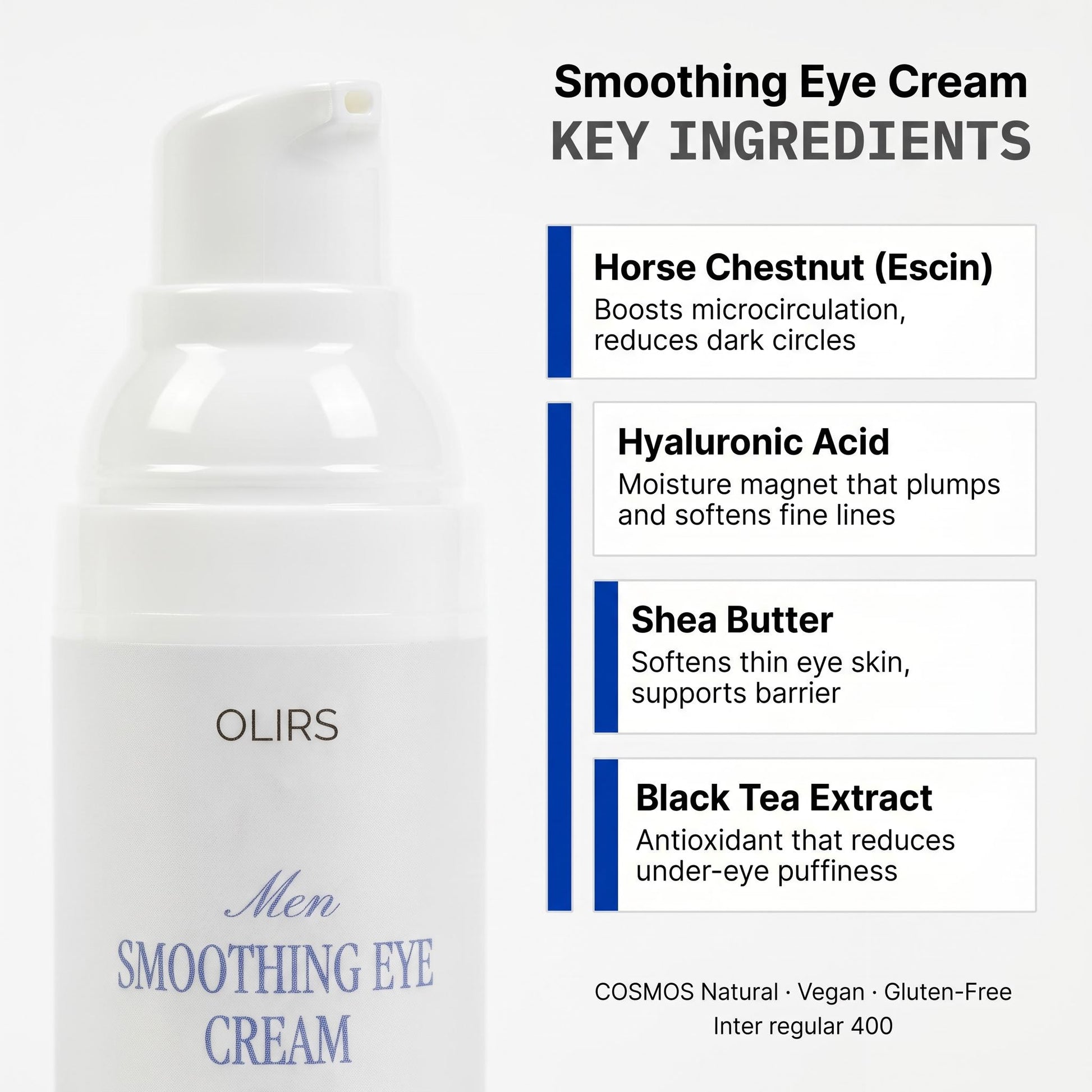 Smoothing Eye Cream bottle with key ingredients list, including horse chestnut, hyaluronic acid, and shea butter.