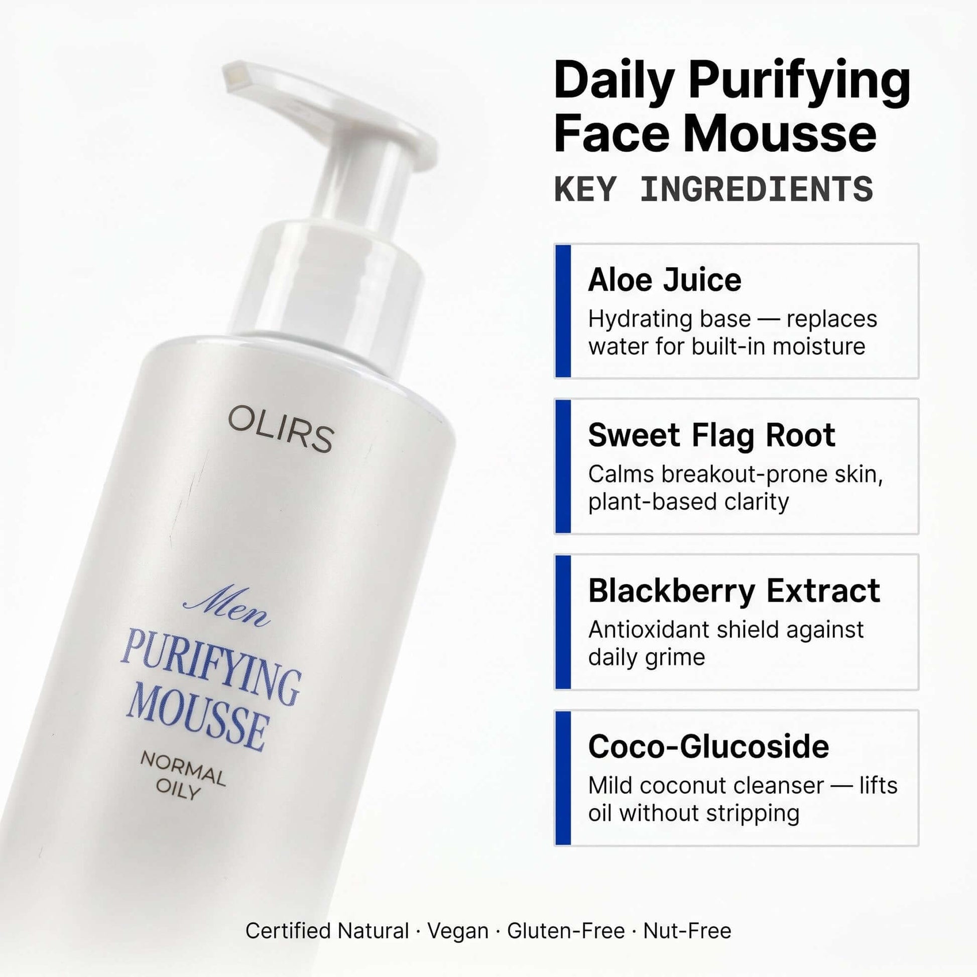 Daily Foaming Face Mousse product image highlighting key ingredients like Aloe Juice and Sweet Flag Root.
