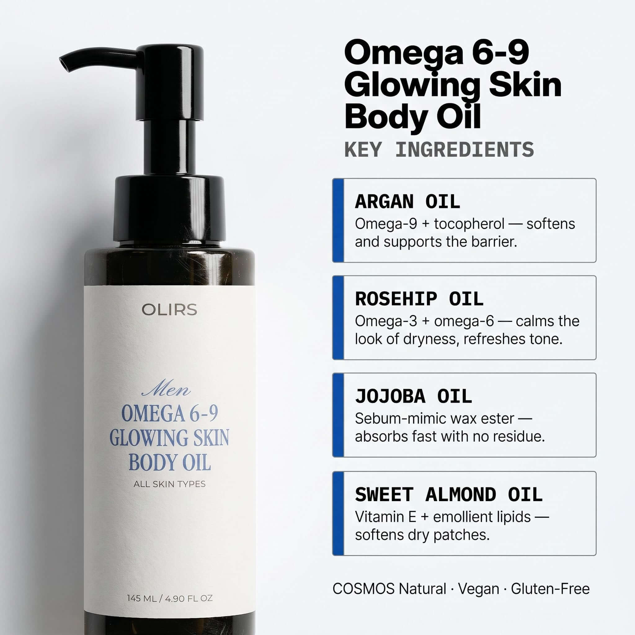 Omega 6-9 Glowing Skin Body Oil bottle with key ingredients listed, promoting hydration and skin nourishment.
