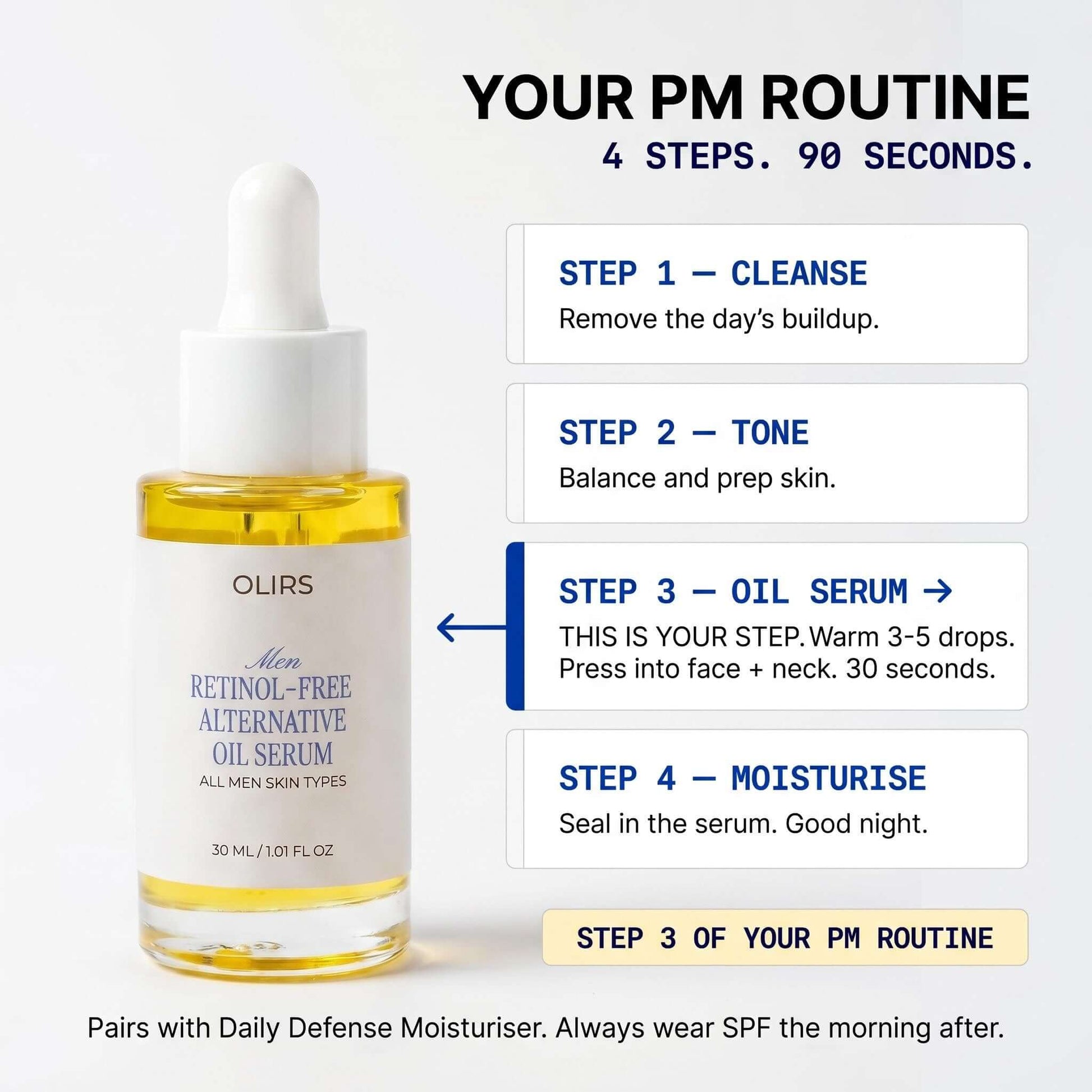 Oil serum for nightly skincare routine, highlighting steps for application and skin prep.