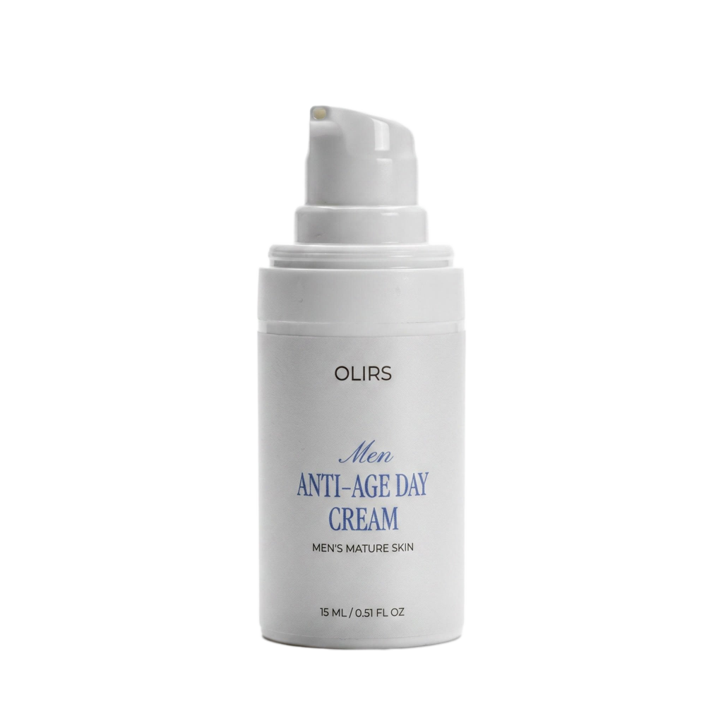 Men Anti-Age Day Cream 15 ml bottle for mature skin care, lightweight formula in a sleek design.