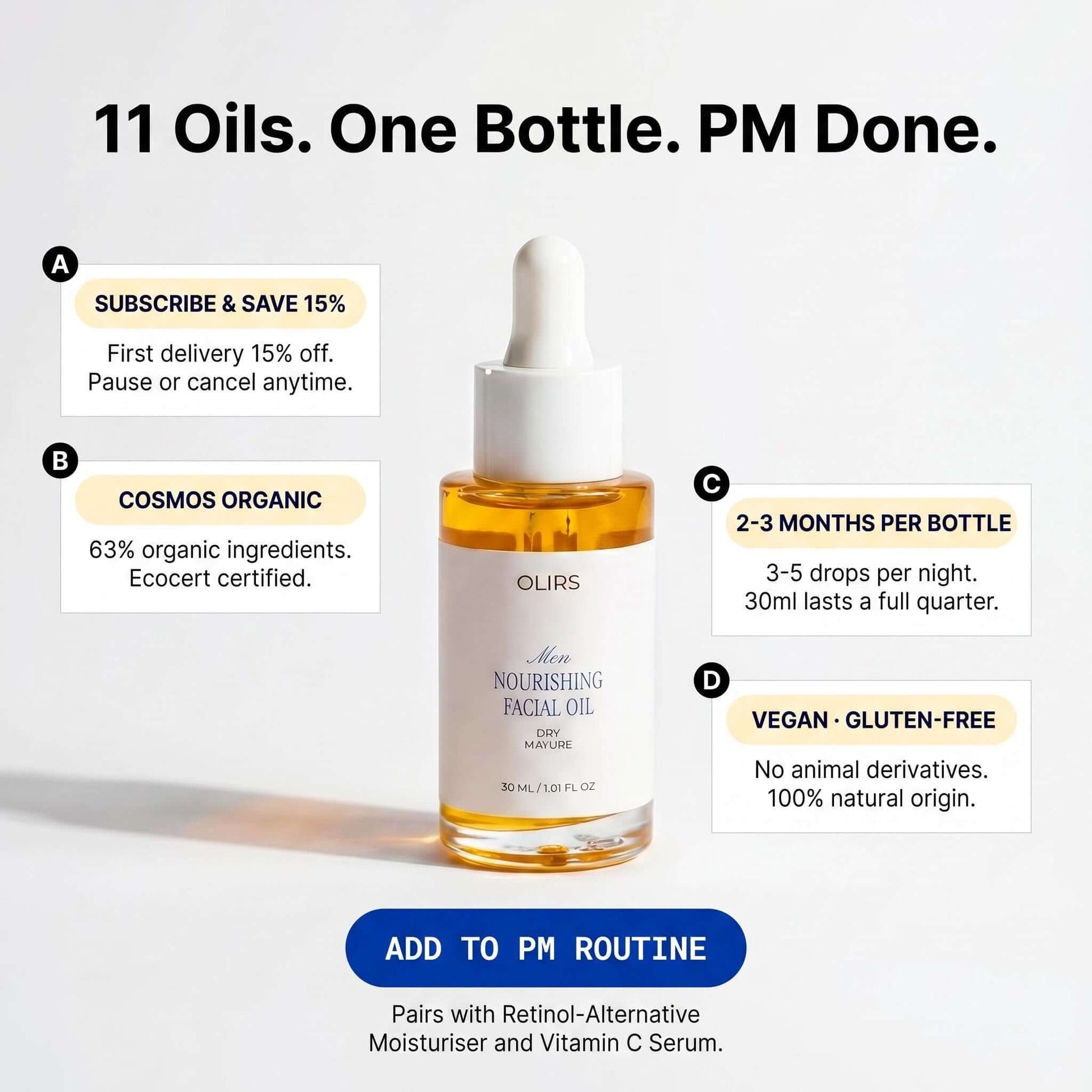Nourishing Facial Oil bottle highlighting 11 oils for healthy skin, COSMOS Organic certified and vegan.