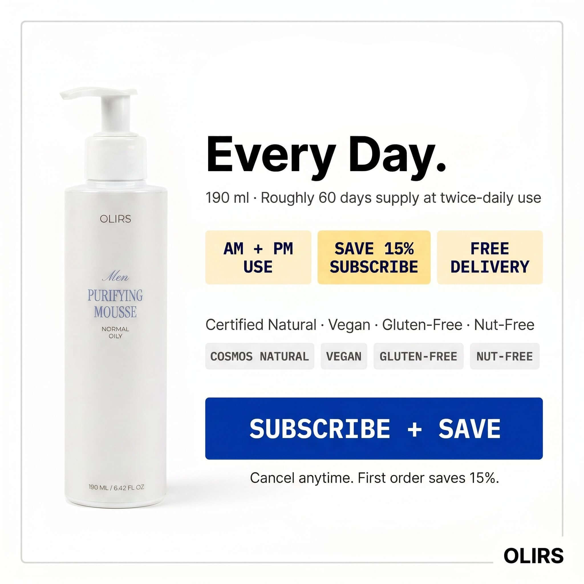 Daily Foaming Face Mousse 190 ml cleanser for normal oily skin, certified natural and vegan for daily use.