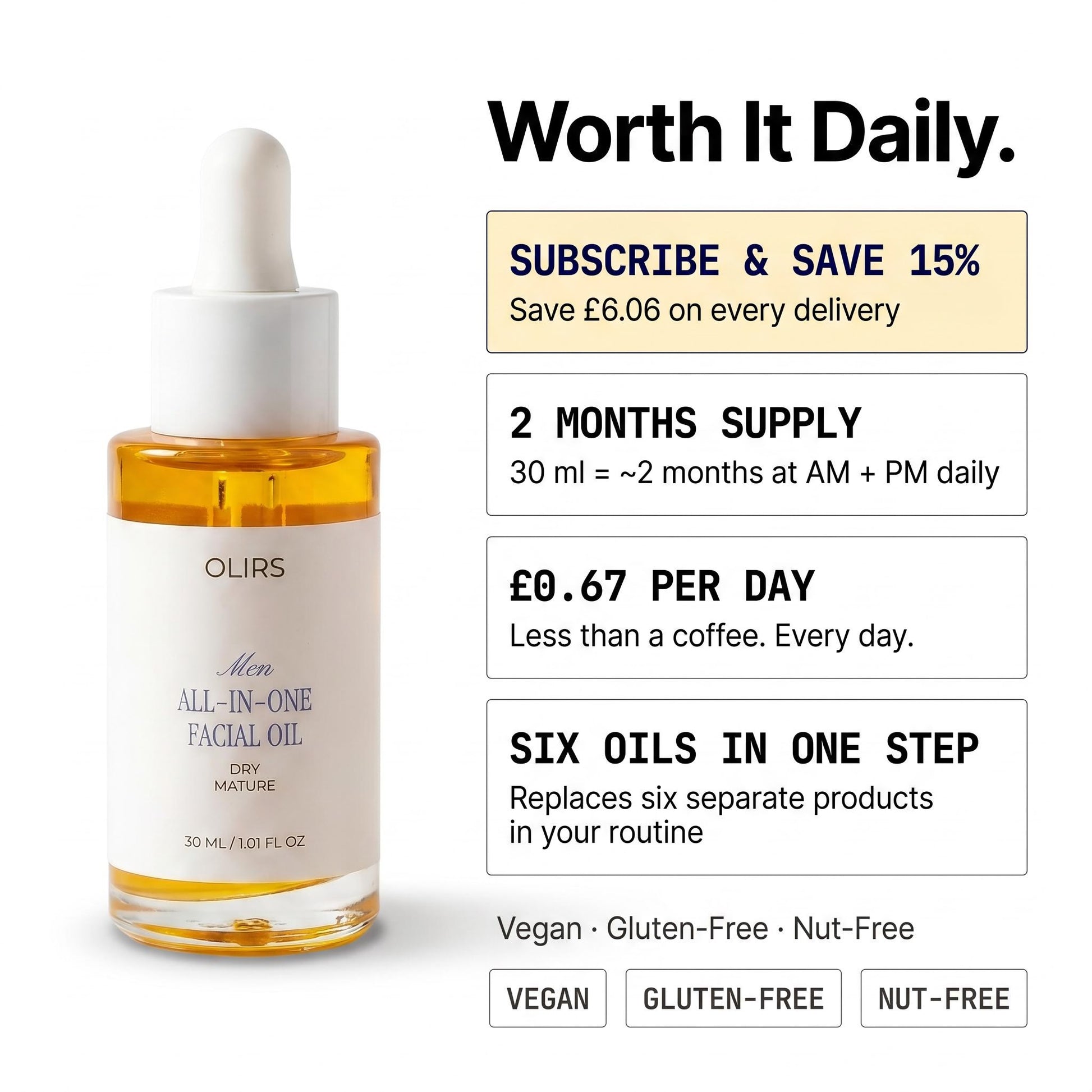All-In-One Facial Oil bottle with details about benefits, vegan, gluten-free, nut-free features and usage.