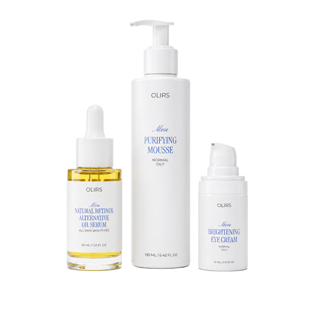 Rejuvenating Glow Trio featuring Purifying Mousse, Natural Retinol Alternative Oil Serum, and Brightening Eye Cream.