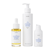 Rejuvenating Glow Trio featuring Purifying Mousse, Natural Retinol Alternative Oil Serum, and Brightening Eye Cream.